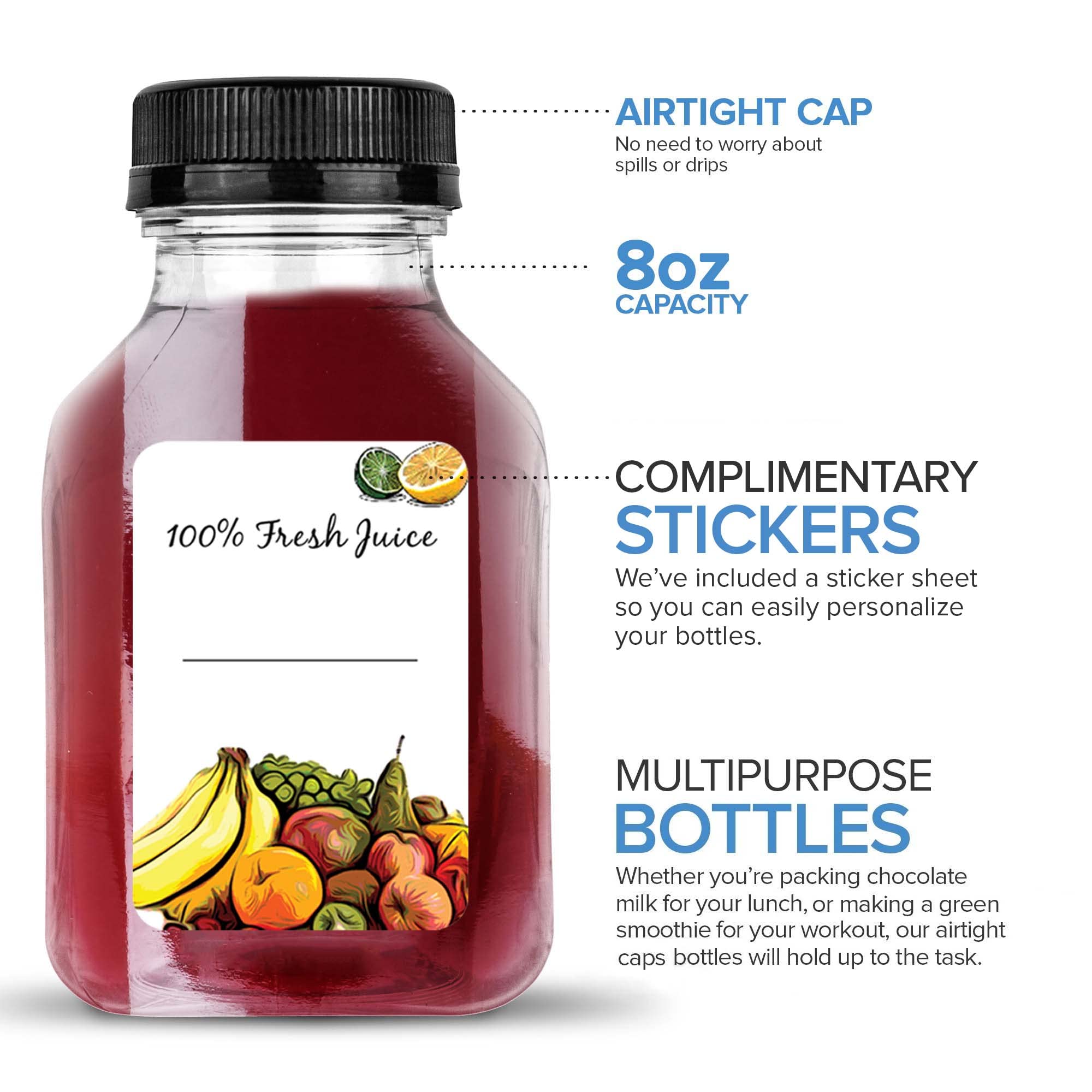 8 oz Reusable Clear Plastic Juice Bottles with Caps (12 Pack) - Empty Drink Containers for Juicing, Shots, Mini Fridge Storage - Includes Labels, Cleaning Brush & Funnel | Perfect for Homemade Juices, Smoothies, Meal Prep & On-the-Go Hydration