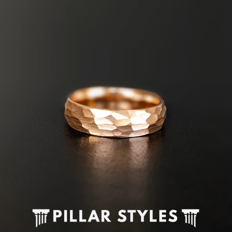 18K Rose Gold Tungsten Wedding Band for Women & Men - 6mm Thin Hammered Ring - Unique Anniversary Gift for Him & Her - Perfect for Engagements, Weddings, and Special Occasions