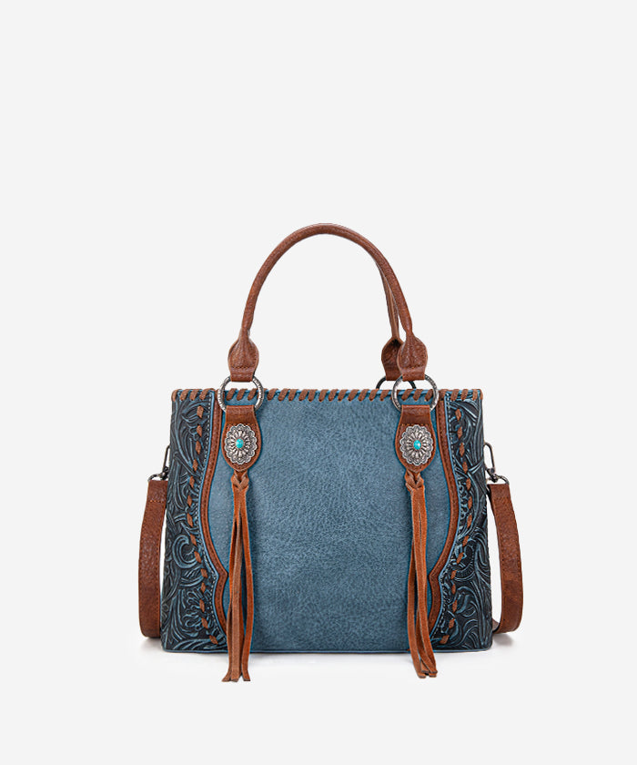 Trinity Ranch Floral Tooled Concho Tote Bag Set - Western Style Leather Handbag for Women - Perfect for Cowgirl Fashion, Rodeo Events & Country Outfits