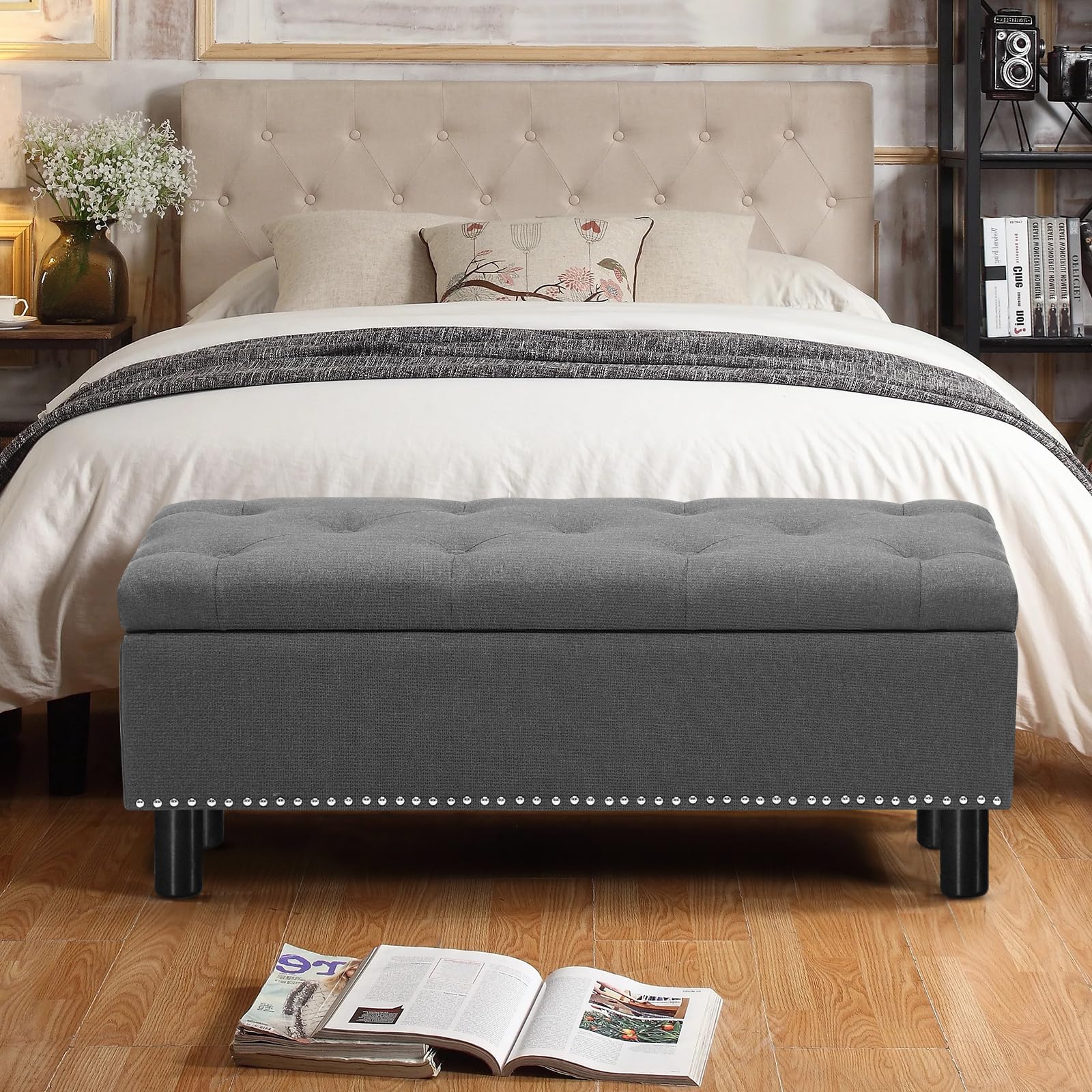 Furniliving Storage Ottoman Bench with Wood Legs - Foldable Upholstered Button-Tufted Entryway Bench for Bedroom, Living Room & Hallway - Dark Grey Linen Fabric (Multi-Functional Seat & Storage Solution)