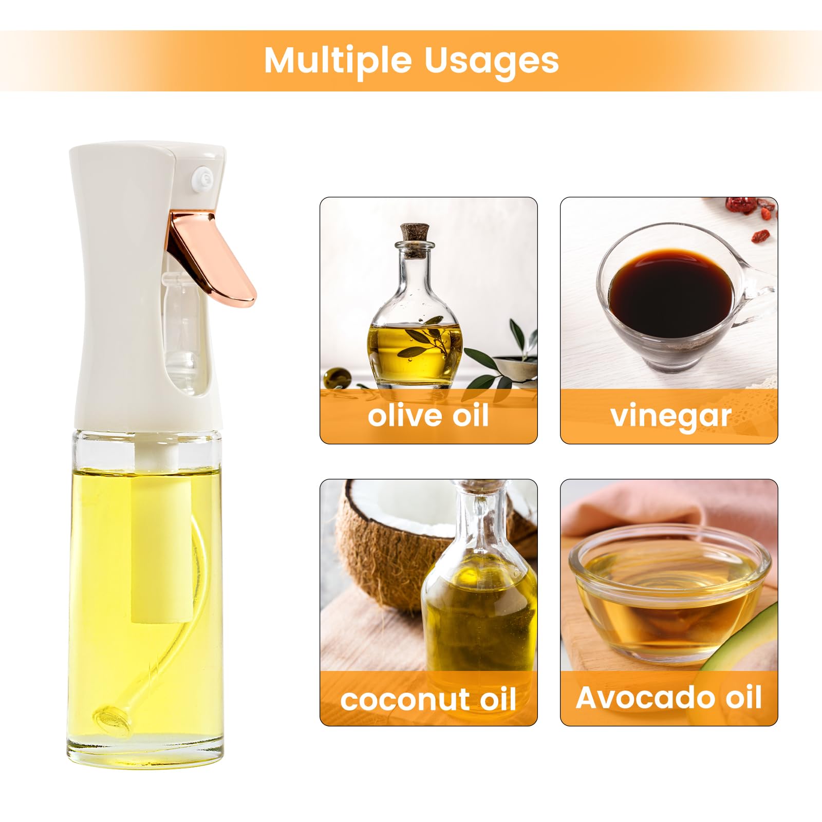 Premium Glass Oil Sprayer for Cooking & Baking - 220ml (7.4 oz) Olive Oil Mister Bottle for Air Fryer, Grilling, Salad Dressings - Perfect for Healthy Meal Prep & Kitchen Use (White)