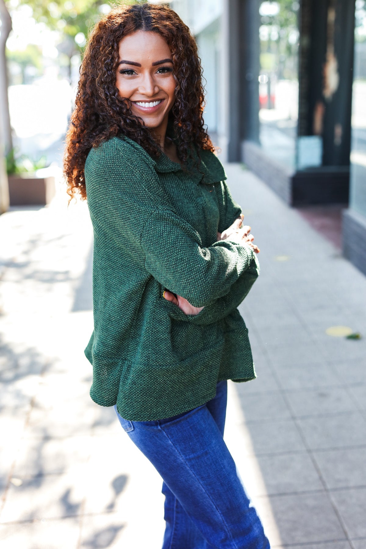 Easy Living Olive Textured Knit Notch Neck Oversized Collar Sweater - Cozy Oversized Women's Pullover for Fall & Winter | Perfect for Casual Outfits, Office Wear and Coffee Dates