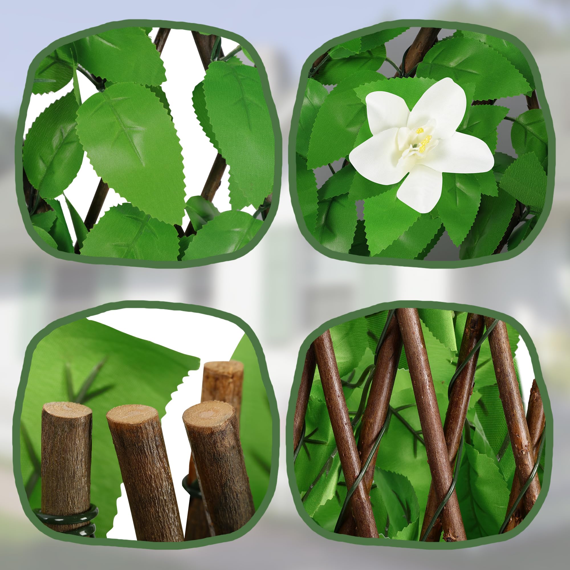 4 Pack Expandable Fence Privacy Screen - Decorative Artificial Ivy Greenery Fencing Panel for Balcony, Patio & Outdoor Spaces - UV Resistant Faux Hedges with White Flowers (Single Sided Leaves) - Perfect for Backyard Privacy, Deck Screening & Garden Decor