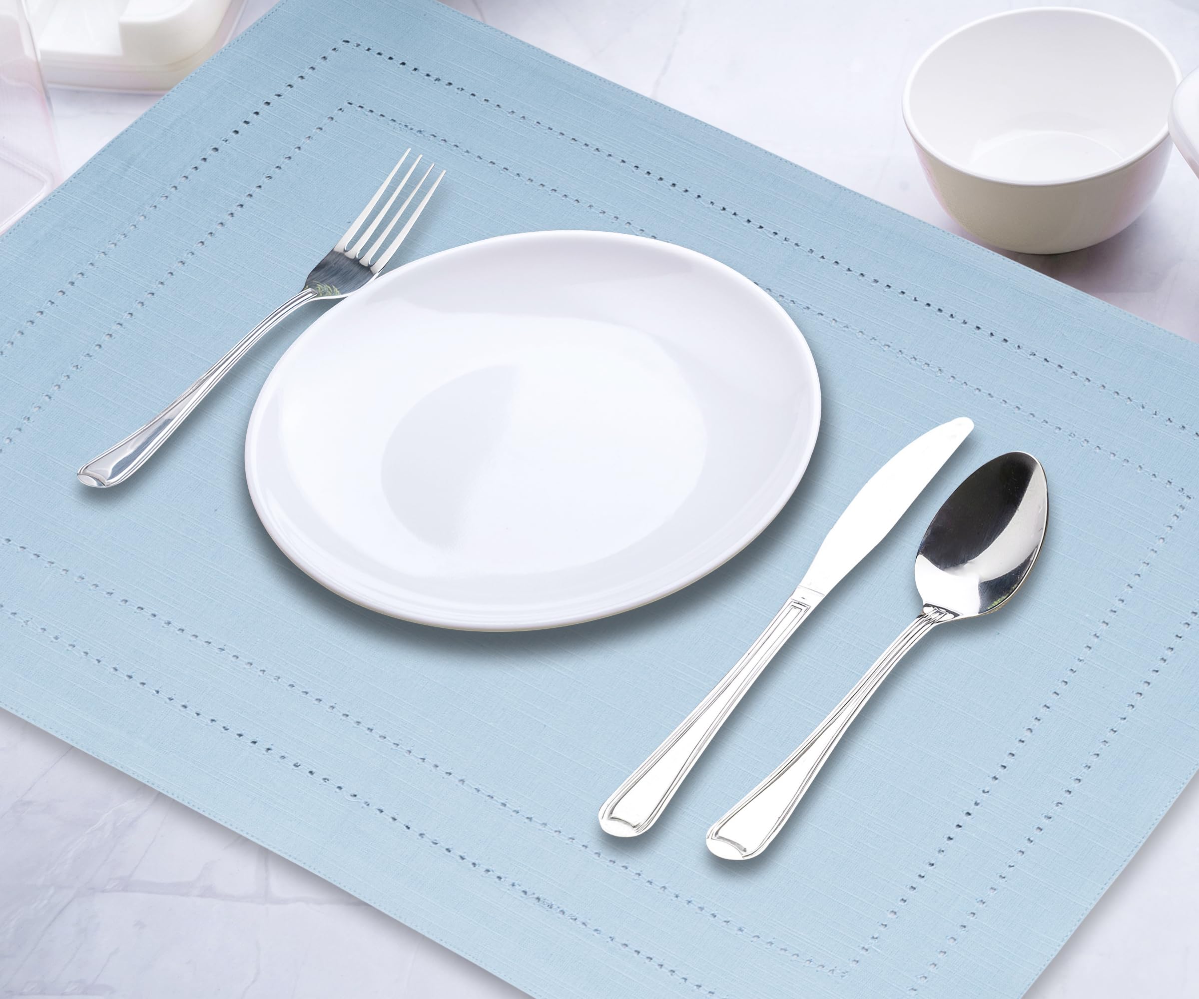 Premium Blue Cotton Placemats Set of 6 - Double Hemstitched, Washable & Soft Woven Table Mats for Kitchen & Dining (13x18 Inches) - Perfect for Everyday Meals, Dinner Parties & Holiday Decor
