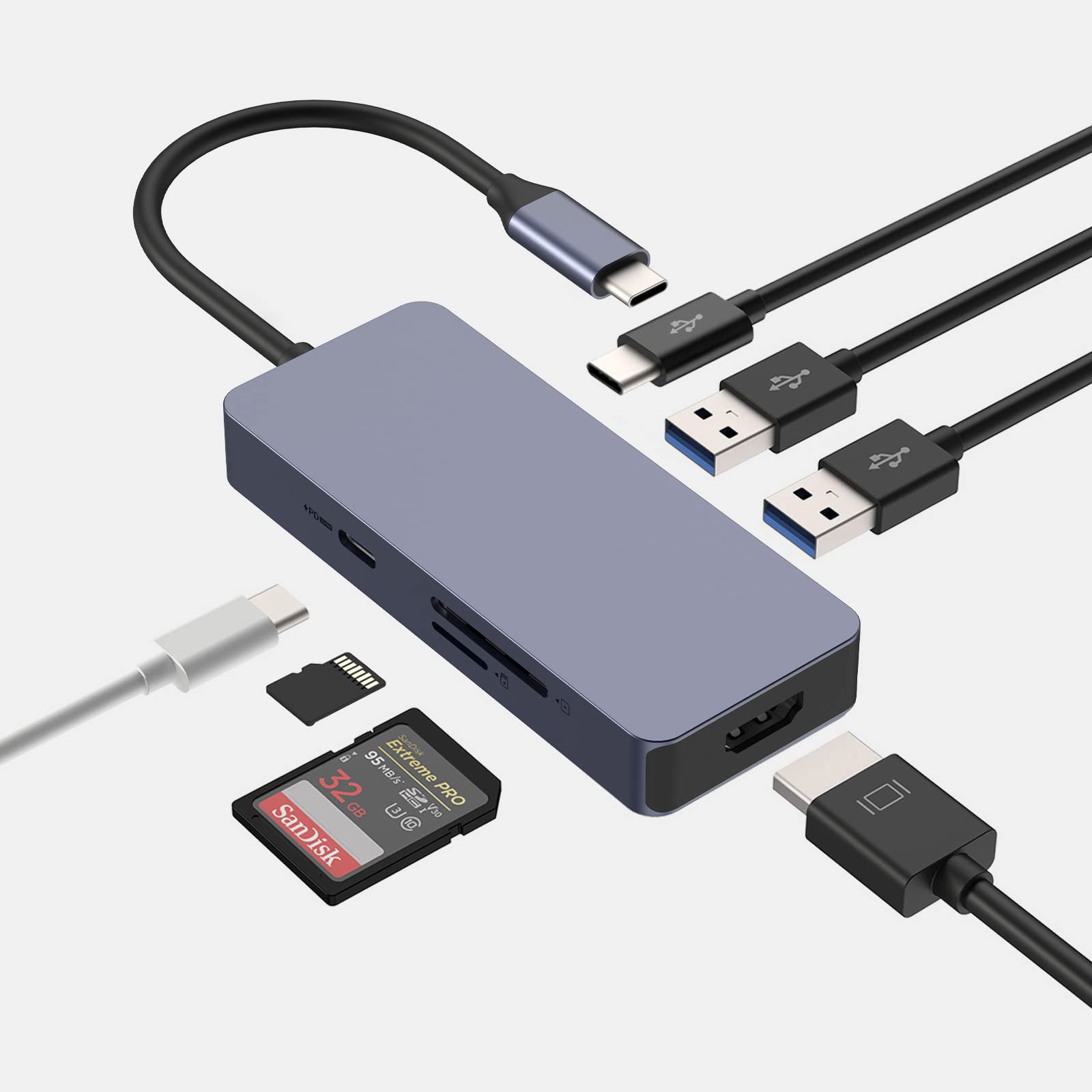 7-in-1 USB C Hub with 4K HDMI, 2 USB 3.0 Ports, USB C 3.0, SD/TF Card Reader & 100W PD - Multi-Port USB C Adapter Dongle for MacBook Pro/Air, Windows Laptops - Perfect for Home Office, Travel & Video Conferencing