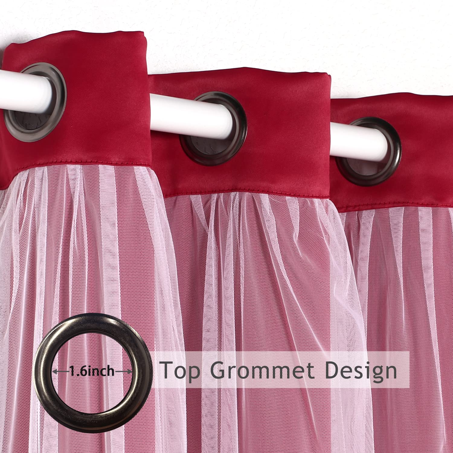 BONZER Double Layer Blackout Curtains with Sheer Voile - 52x63 Inch Set of 2 Panels, Red - Thermal Insulated Grommet Drapes for Bedroom & Living Room - Mix & Match Window Treatments for Light Control & Privacy