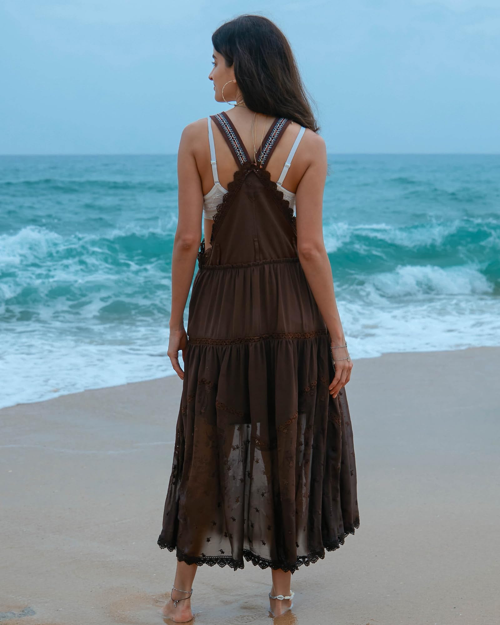 Gacaky Women's Summer Floral Embroidered Bohemian Maxi Dress - Adjustable Straps, Flowy Design with Pockets | Perfect for Beach Vacations, Music Festivals & Casual Outings