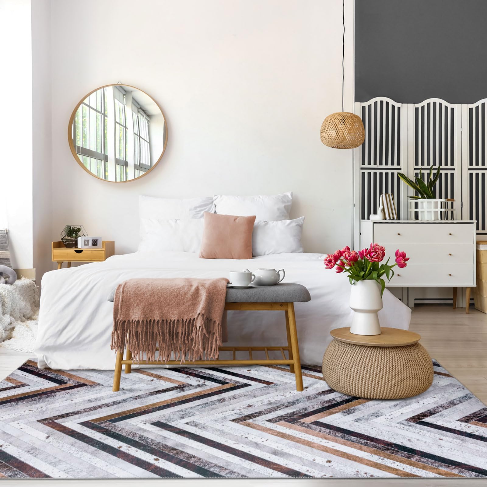 DECOMALL Washable Area Rugs - Modern Geometric Faux Cowhide Patchwork Rug 9x12ft, Non-Slip Large Carpet for Living Room, Bedroom, Office - Soft & Durable Home Decor for Family Gatherings & Relaxation