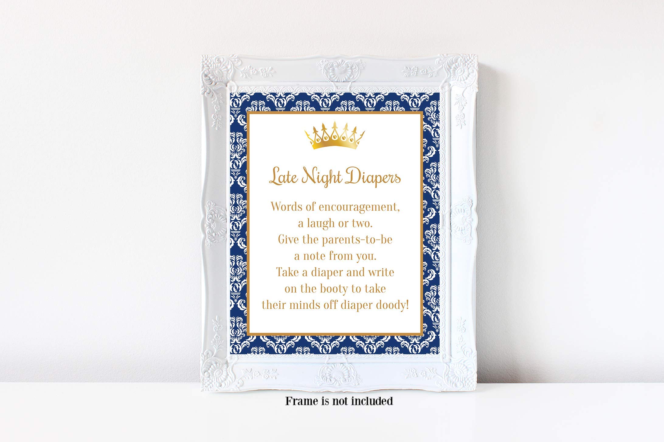 Royal Prince Baby Shower Diaper Sign - Damask Print Late Night Diaper Game for Boys - 8x10 Glossy Baby Shower Decoration (Frame Not Included) - Perfect for Baby Shower Parties & Gender Reveal Events