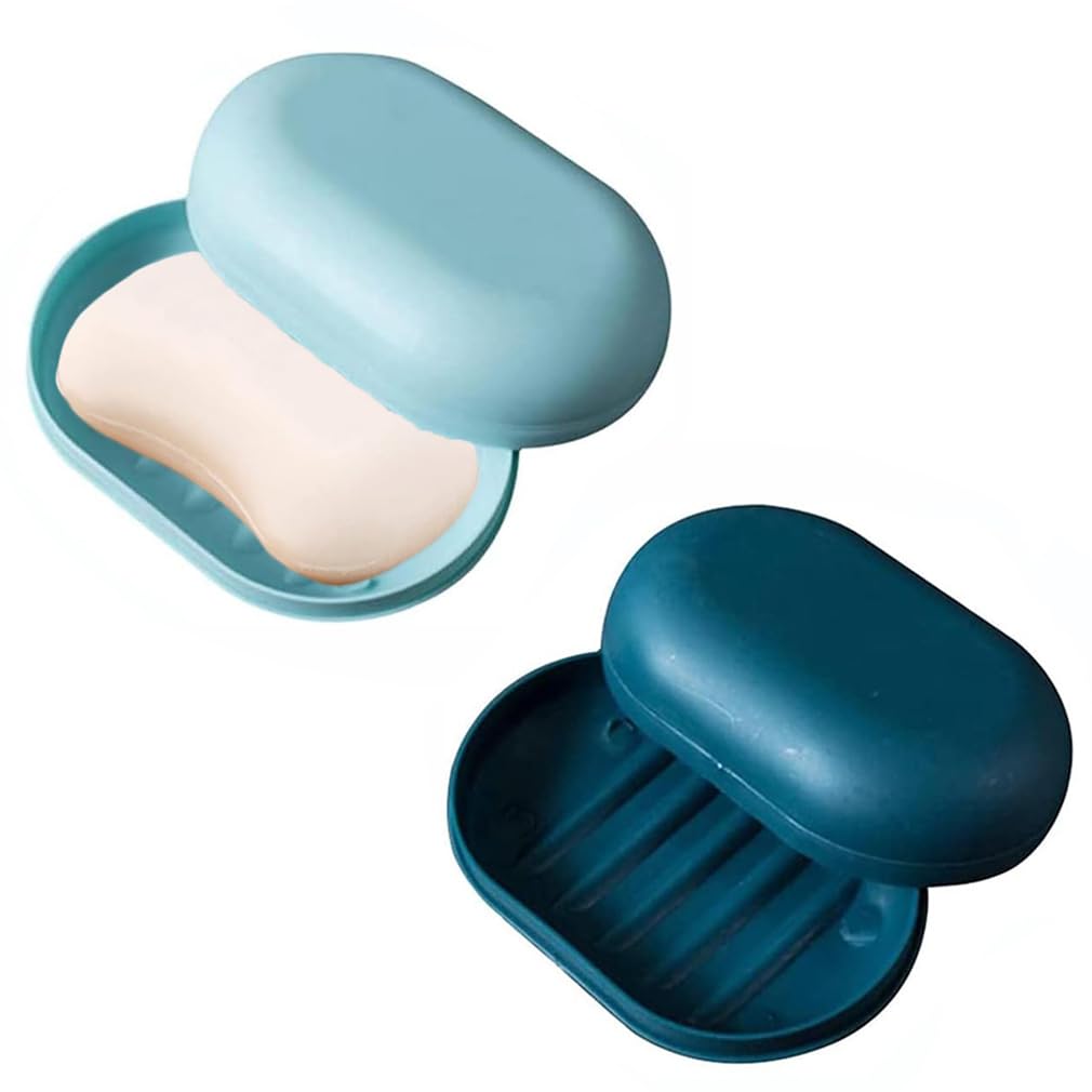 2Pcs Plastic Soap Dish Holder with Lid - Non-Slip Bathroom & Kitchen Soap Tray, Portable Travel Soap Case for Shower, Camping, Gym - Easy to Clean (Blue)