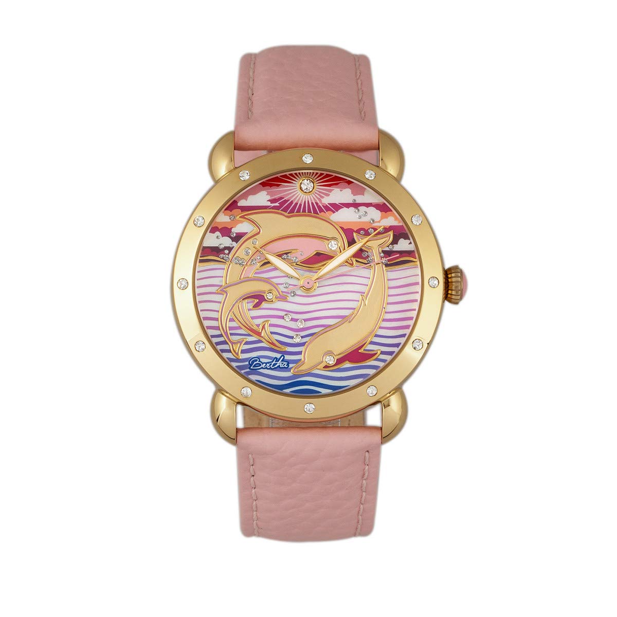 BERTHA Estella Mother of Pearl Leather Band Ladies Watch - Gold & Pink | Elegant Women's Wristwatch for Office, Party & Everyday Wear