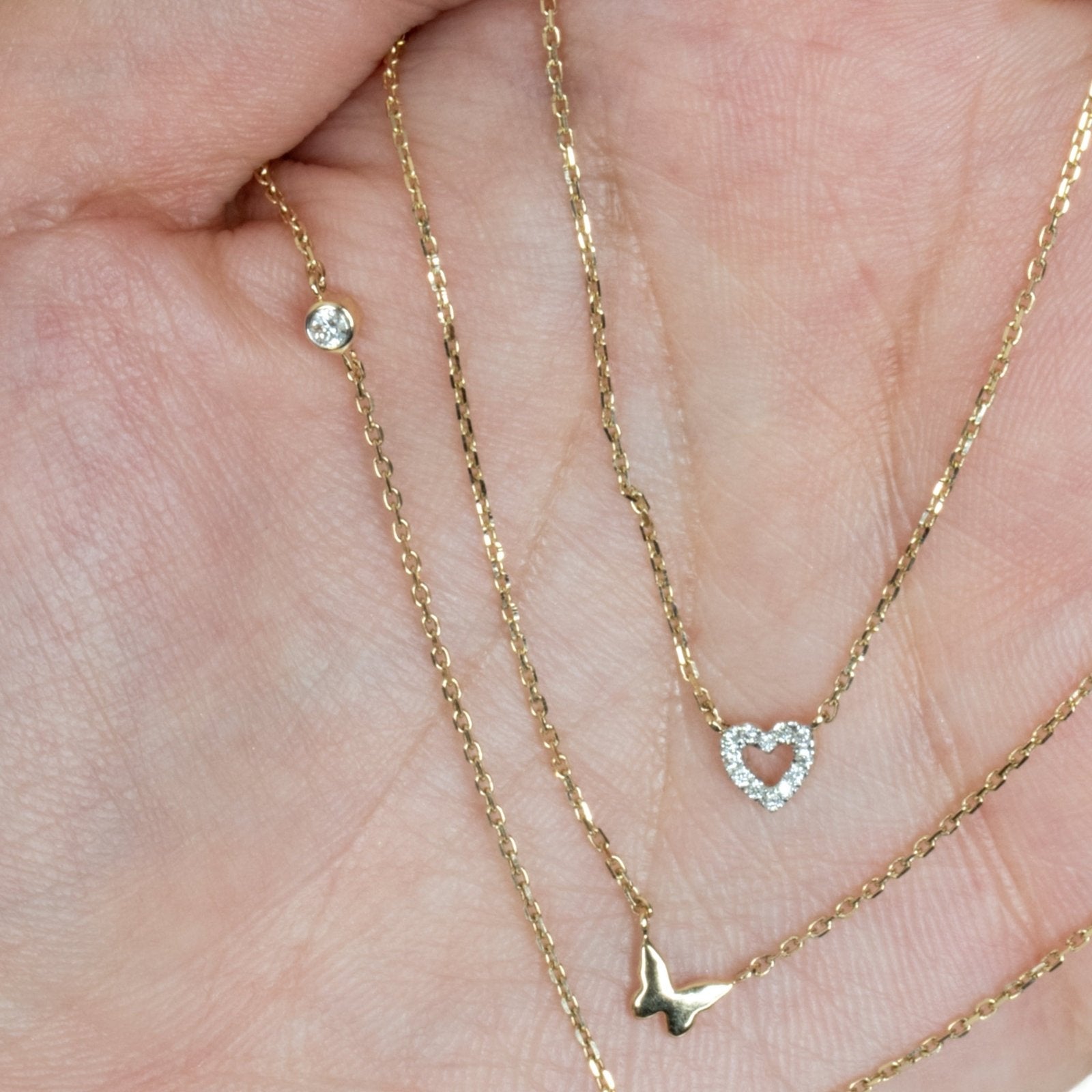 14k Yellow Gold Bubble Butterfly and Diamond Station Necklace - Elegant Layering Jewelry for Women, Perfect for Weddings, Anniversaries & Everyday Wear