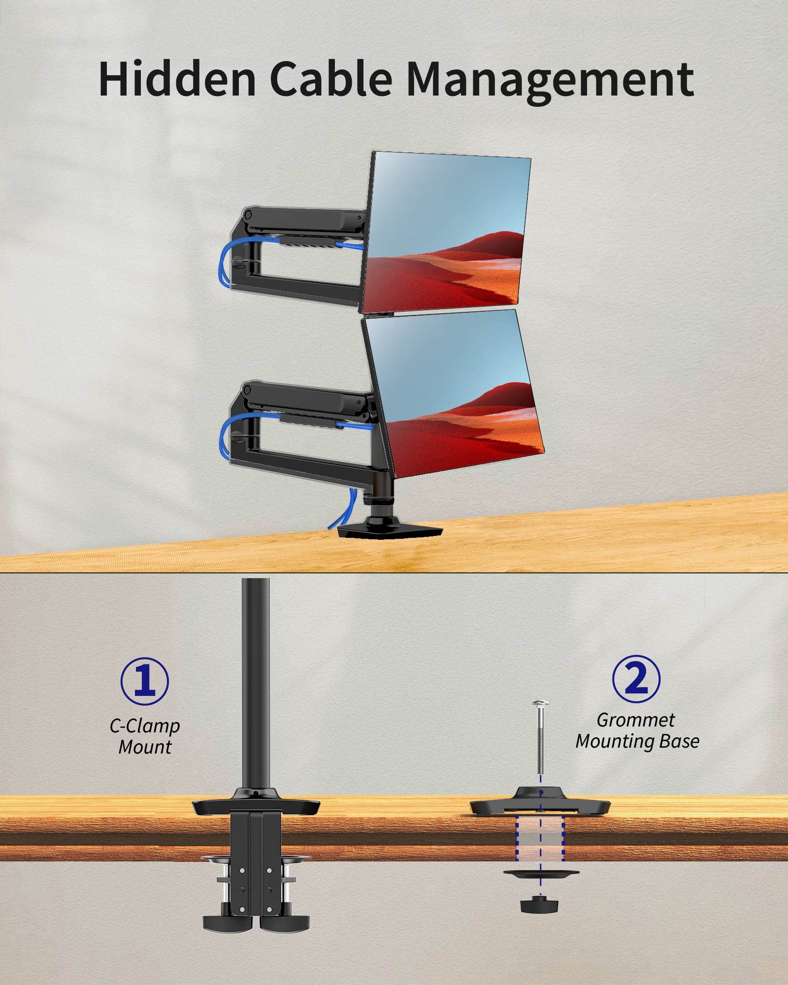 Dual Monitor Stand for 40 Inch Screens up to 25 lbs - Fully Adjustable Aluminum Monitor Arm with C-Clamp & Grommet Base - Black - Perfect for Home Office, Gaming Setup & Workstation Ergonomics