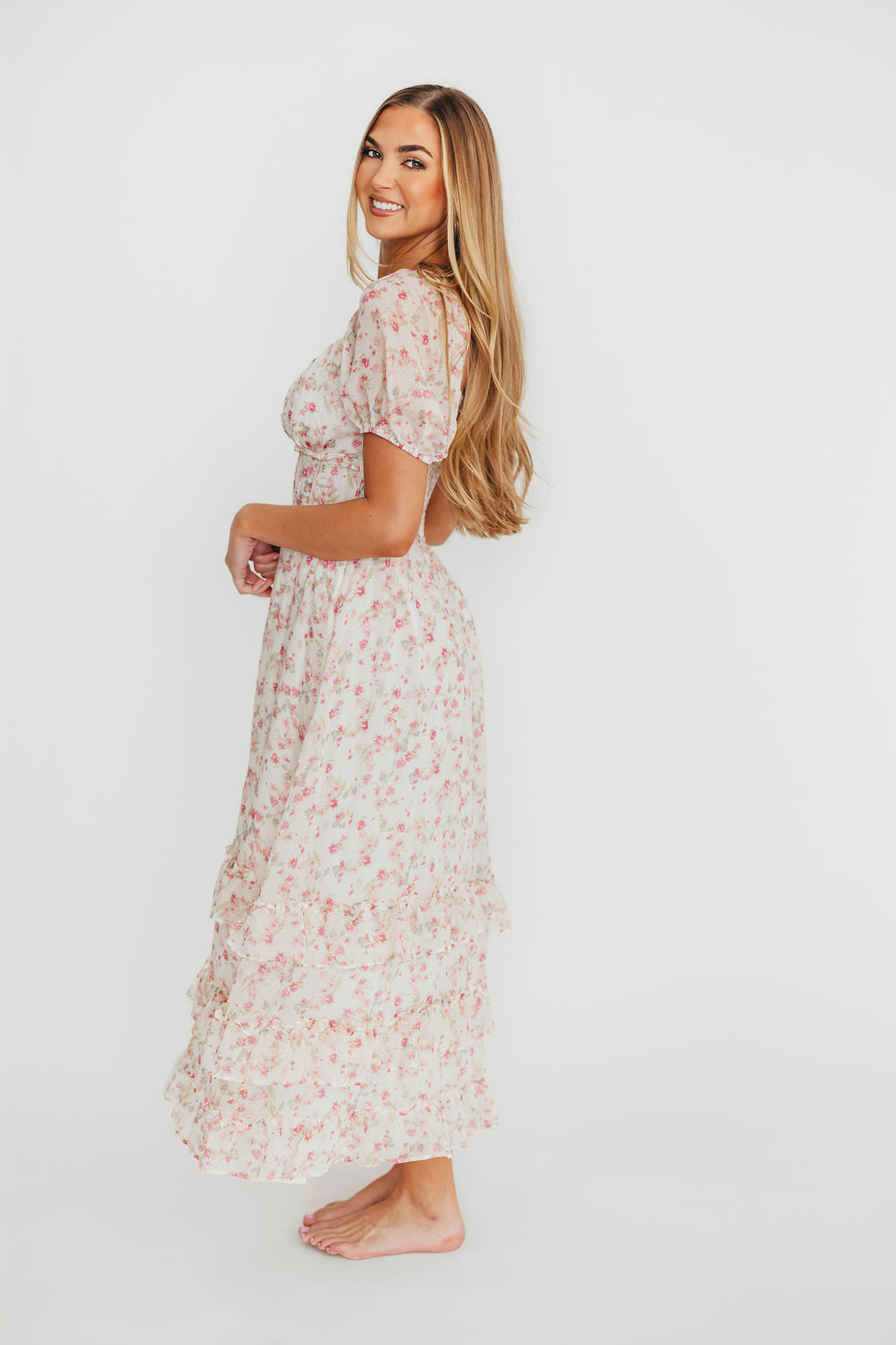 Danielle Corset Maxi Dress - White & Pink Floral Print Women's Formal Gown for Weddings, Parties & Special Occasions