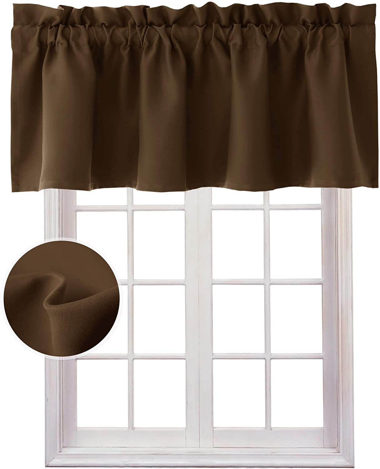 Blackout Solid Rod Pocket Valances for Kitchen Windows - 42 x 12 Inches, Brown, 1 Panel | Thermal Insulated Window Treatment for Bedroom & Living Room Decor