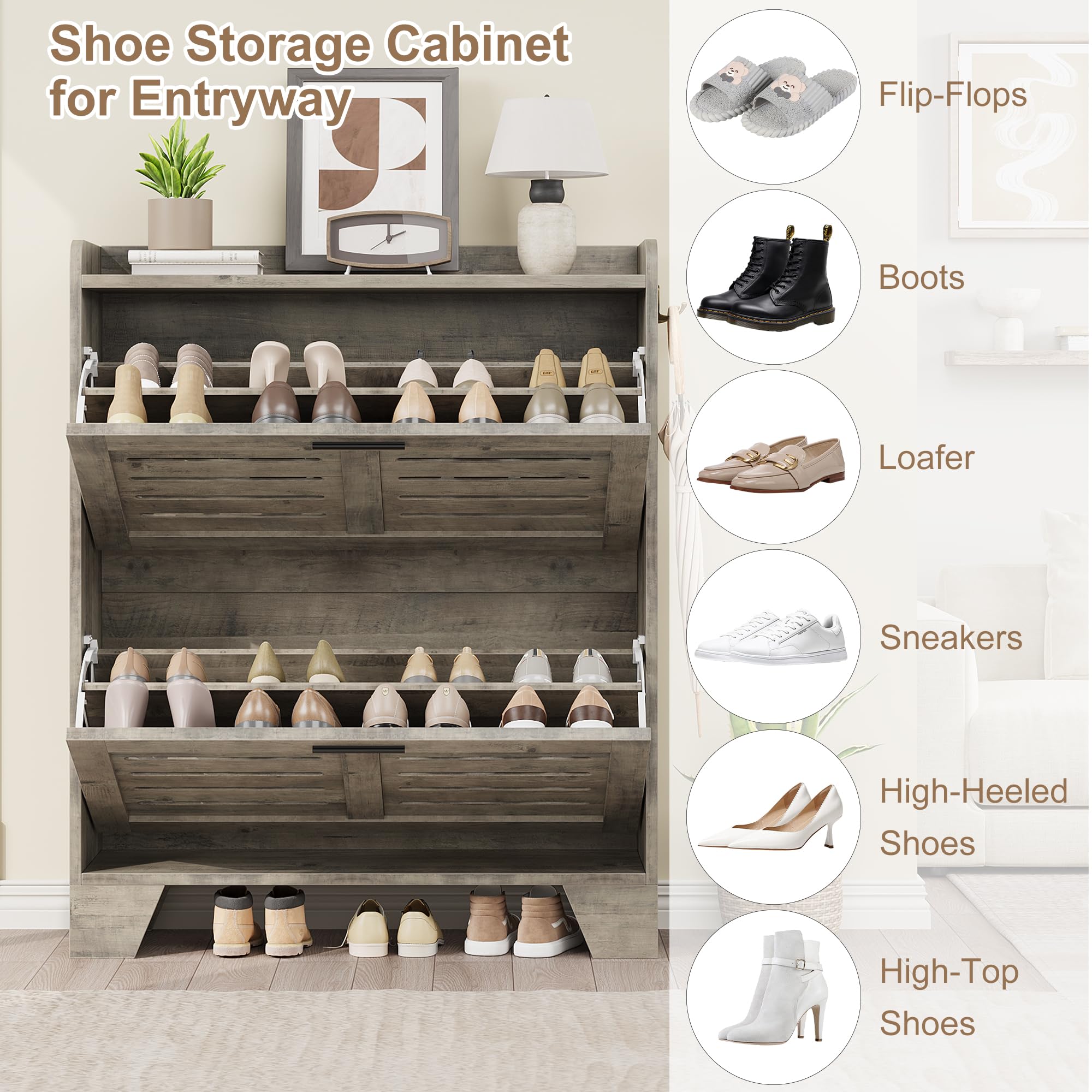 Freestanding Narrow Shoe Cabinet with 2 Flip Drawers & Hooks - Space Saving Entryway Shoe Storage Organizer for Foyer, Hallway, Garage - Perfect for Small Spaces & Apartment Living (Gray)