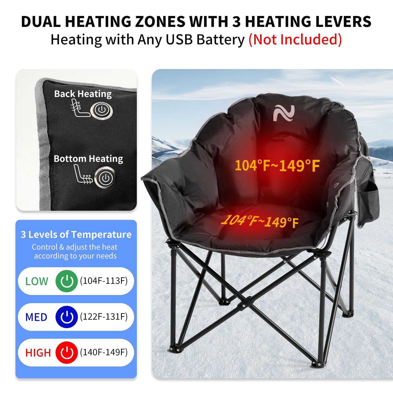 Oversized Heated Camping Chair with Padded Seat - Round Moon Saucer Folding Lawn Chair for Outdoor, Patio & Lounge - Portable Electric Heated Chair for Camping, Backyard & Tailgating - Perfect for Cold Weather Adventures & Relaxation