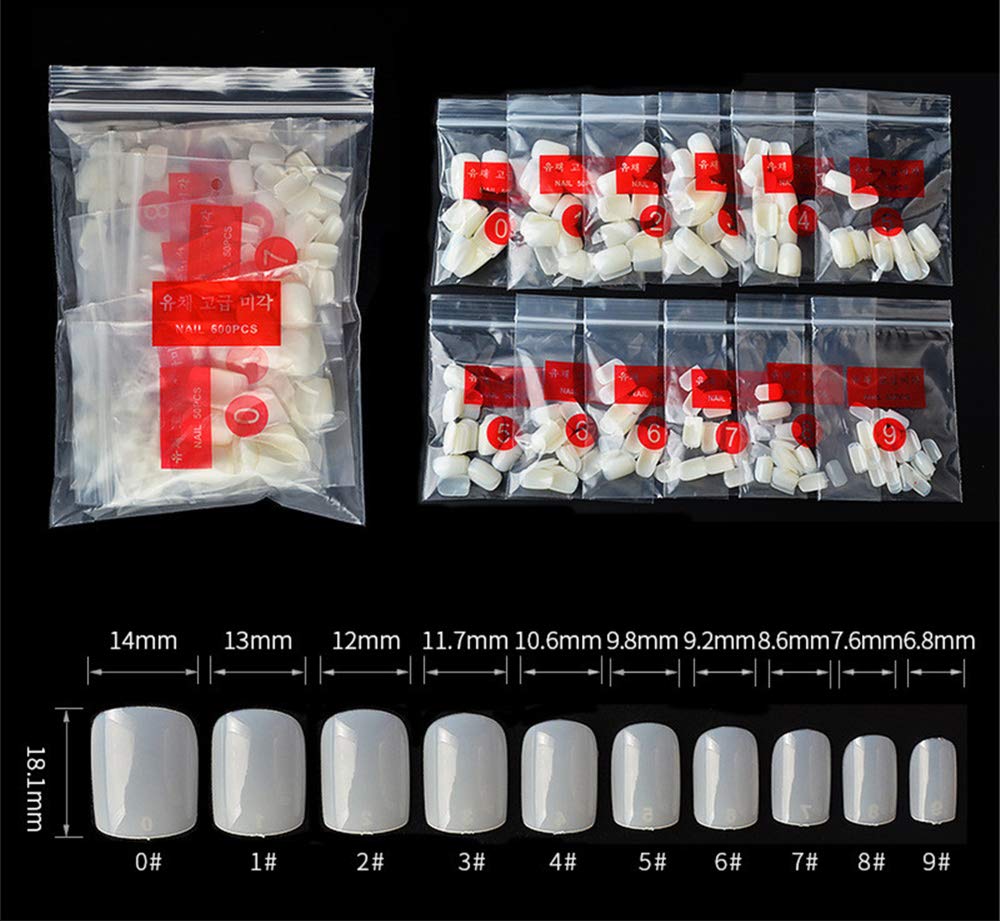 500pcs Acrylic False Nails Short Square Transparent Natural White Full Cover Fake Nail Tips for Nail Extension - DIY Manicure, Salon, Party, Wedding, Halloween Nail Art
