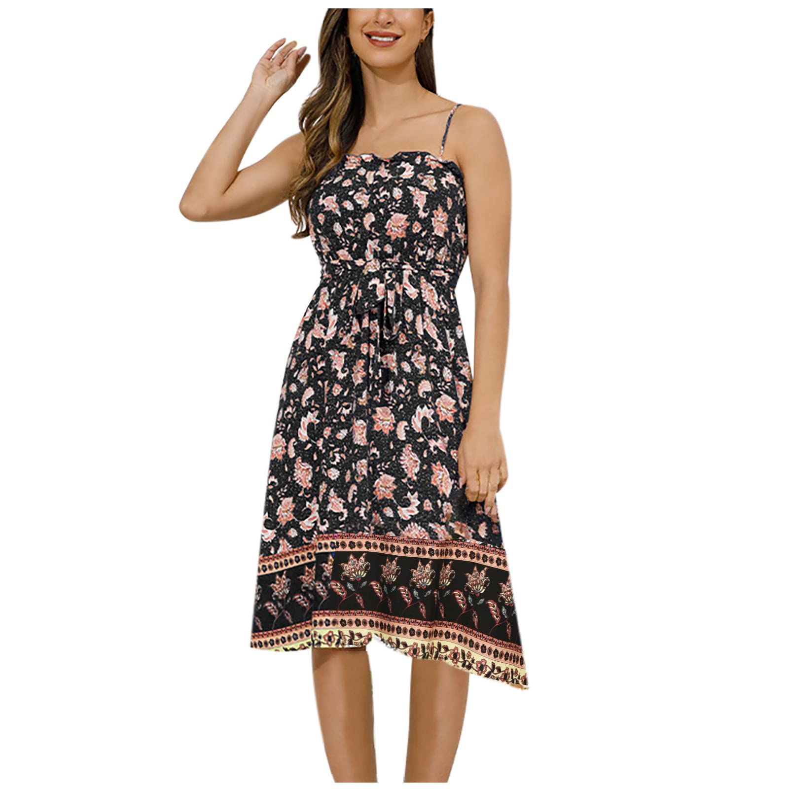 Women's Summer Sleeveless Floral Print Mini Dress - Tube Top Bohemian Beach Dress with Spaghetti Straps & Tie Waist | Perfect for Vacation, Pool Parties & Casual Outings