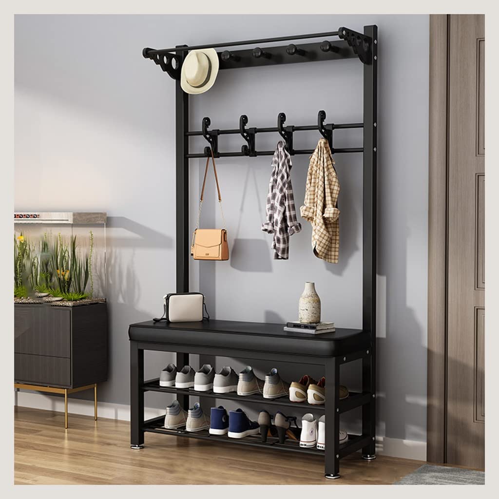 YAWEDA 4-in-1 Hall Tree Coat Rack with Shoe Storage Bench - 16 Hooks Entryway Organizer, Industrial Metal Frame Shoe Bench for Entryway, Mudroom & Foyer - Easy Assembly Home Furniture for Small Spaces