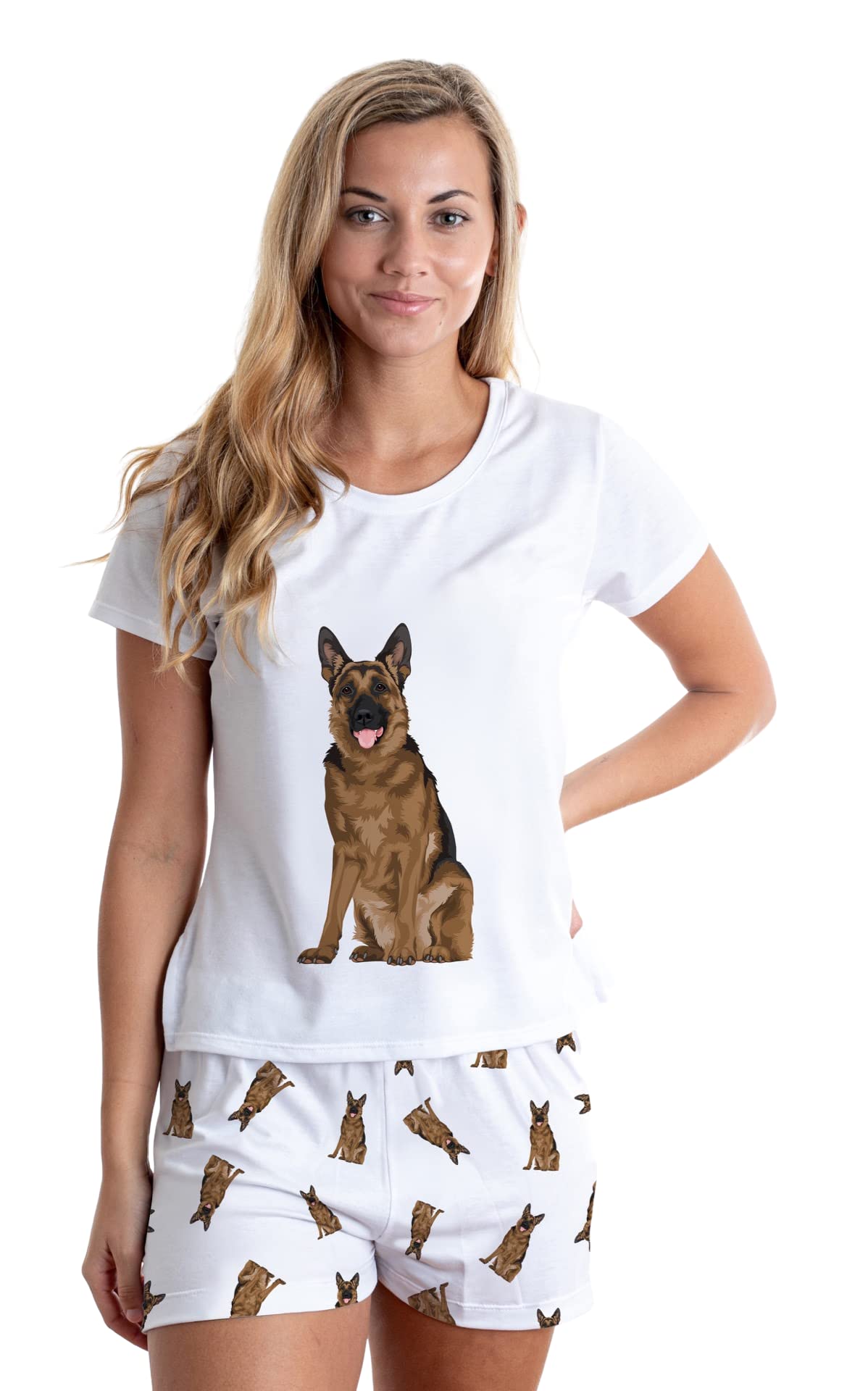 German Shepherd Dog Pajama Set for Women - Alaskan Dog Print Sleepwear Top & Shorts (White) - Cozy Lounge & Sleepwear for Dog Lovers