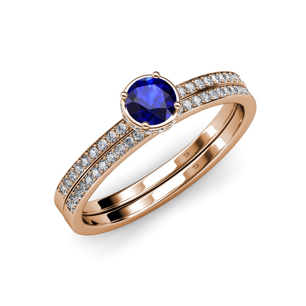 Blue Sapphire & Diamond Halo Engagement Ring & Wedding Band Set 0.95ctw 14K Rose Gold - Elegant Bridal Jewelry for Proposals, Anniversaries & Special Occasions