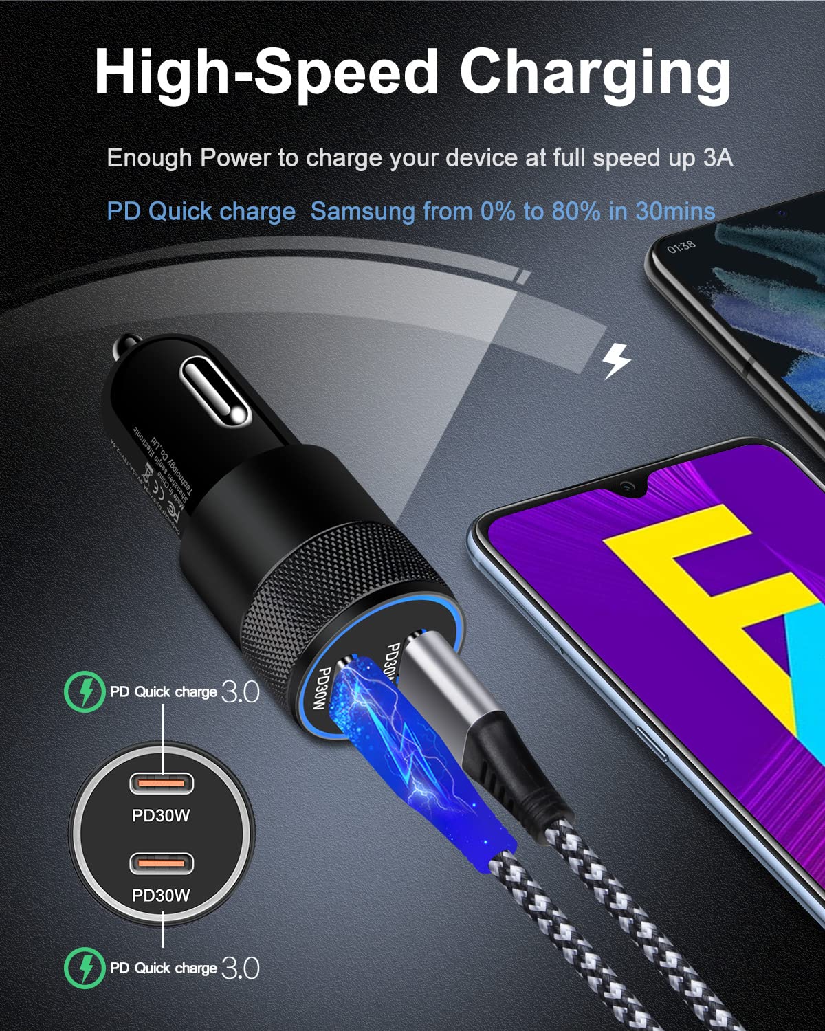 60W Dual Port USB C Car Charger Fast Charging 2 Pack - PD3.0 Type C Cigarette Lighter Adapter Compatible with iPhone 16/15/14/13/12 Pro Max, Galaxy S24/S23/S22, Pixel 9/8 Pro - Perfect for Road Trips & Long Commutes