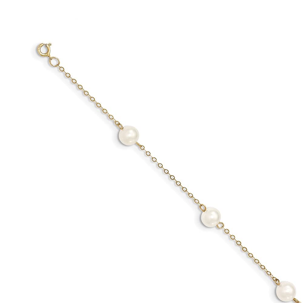 14K Yellow Gold 7mm White Pearl Anklet Bracelet - 9