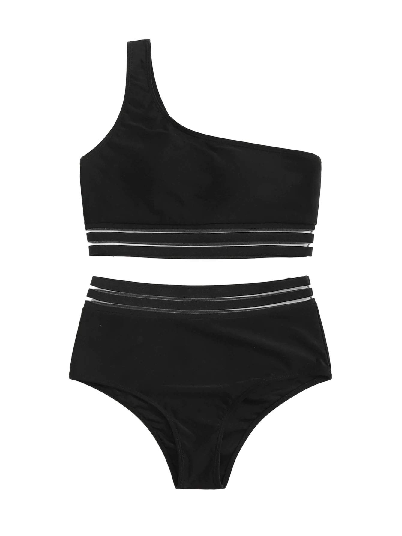 SweatyRocks Women's 2-Piece Mesh One Shoulder Crop Top & High Waist Bikini Set - Sexy Swimwear for Beach, Pool Party & Summer Vacation