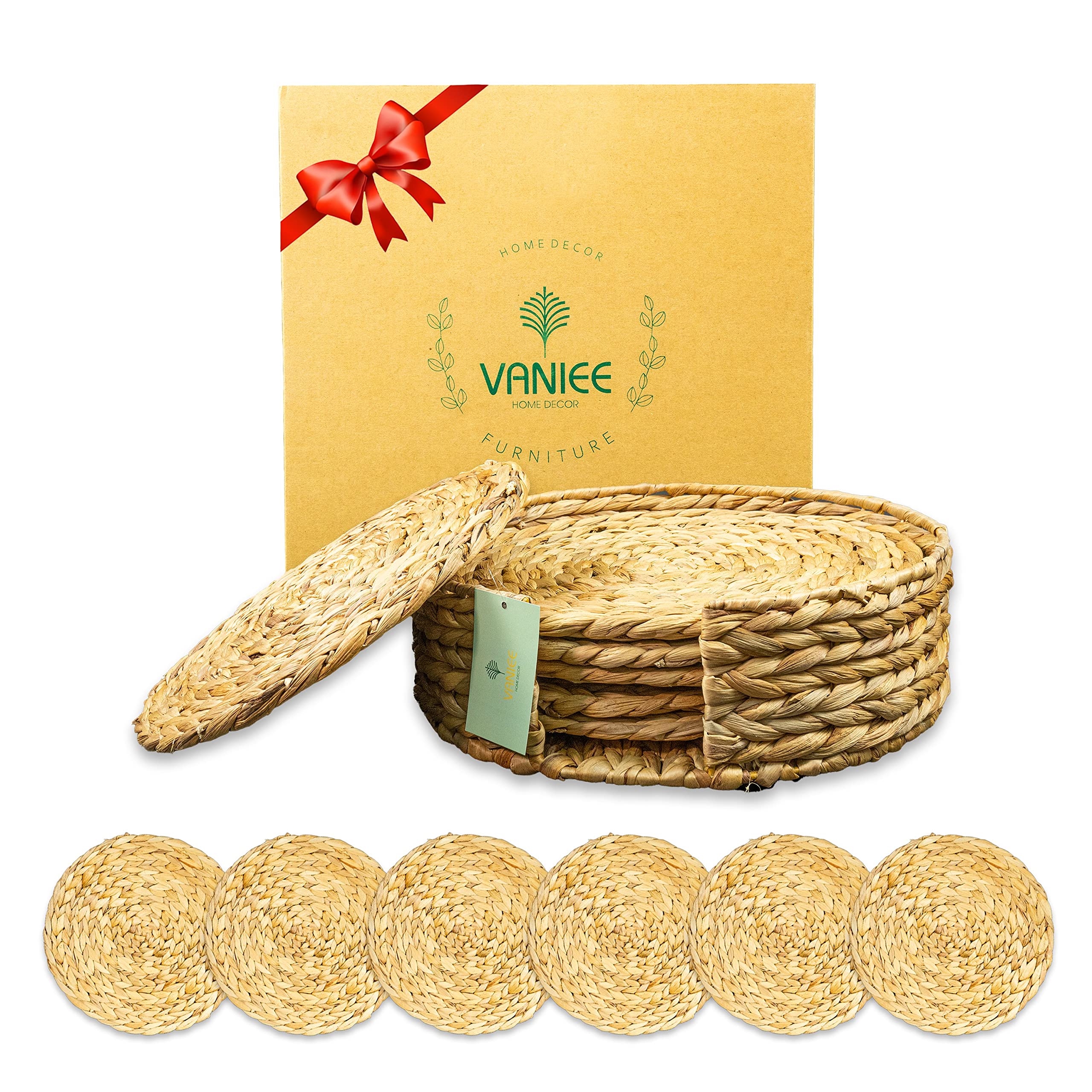 Premium Woven Water Hyacinth Placemats Set of 6 - 11.8 Inch Round Rustic Table Mats with Storage Holder for Dining Room & Kitchen Decor | Eco-Friendly, Thick & Durable for Everyday Meals, Dinner Parties & Entertaining