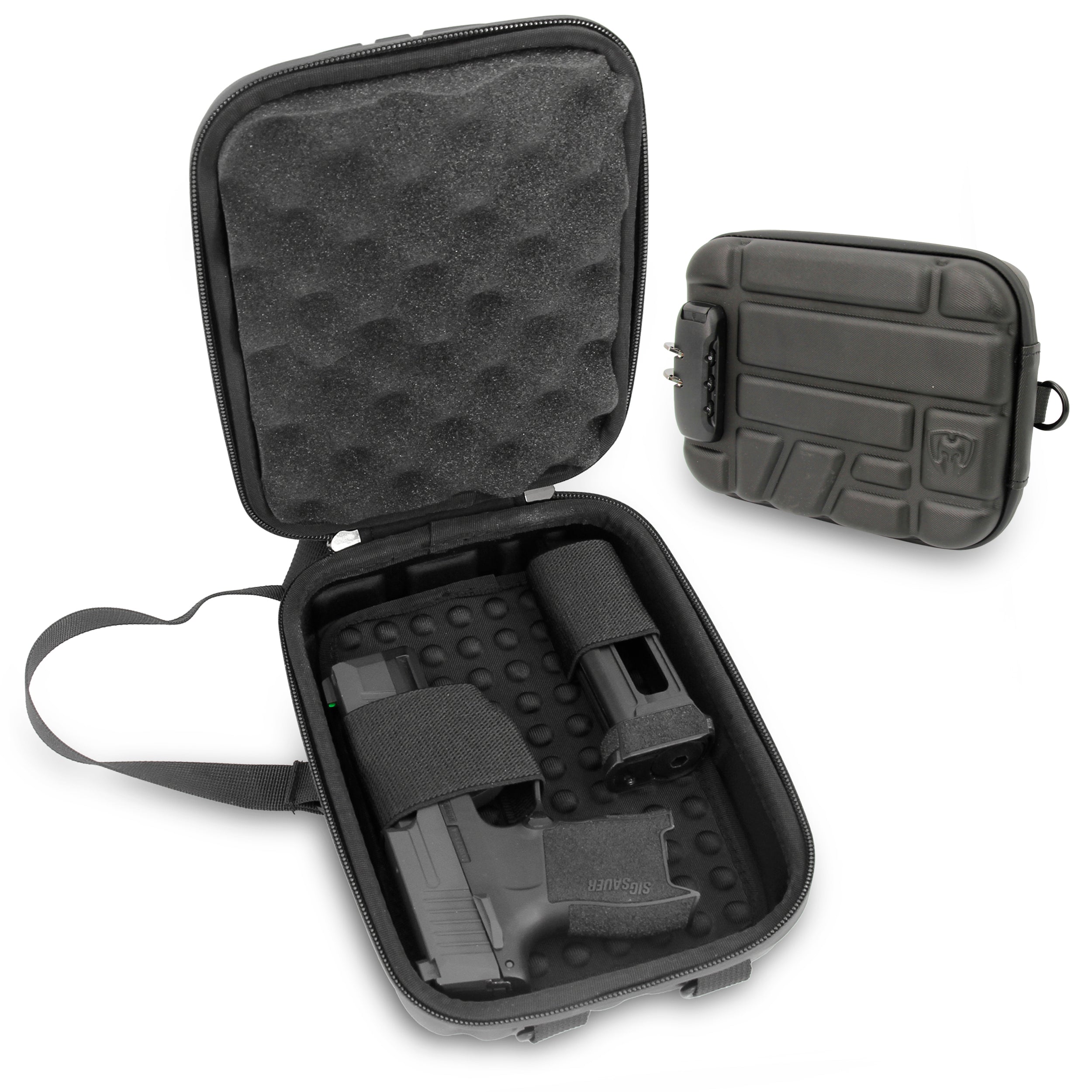 CASEMATIX Concealed Carry Locking Pistol Case for 9mm Handguns & Extra Magazines - Portable EVA Water Resistant Gun Bag with Shoulder Strap - Ideal for Range, Travel & Secure Storage