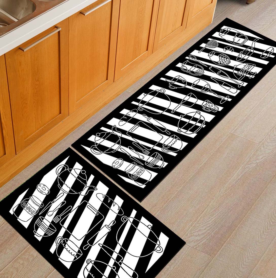 Non-Slip Kitchen Mats and Rugs - Black & White Absorbent Floor Mat for Home, Bathroom, Bedroom - Waterproof Indoor Runner for Comfort & Safety While Cooking, Bathing or Standing