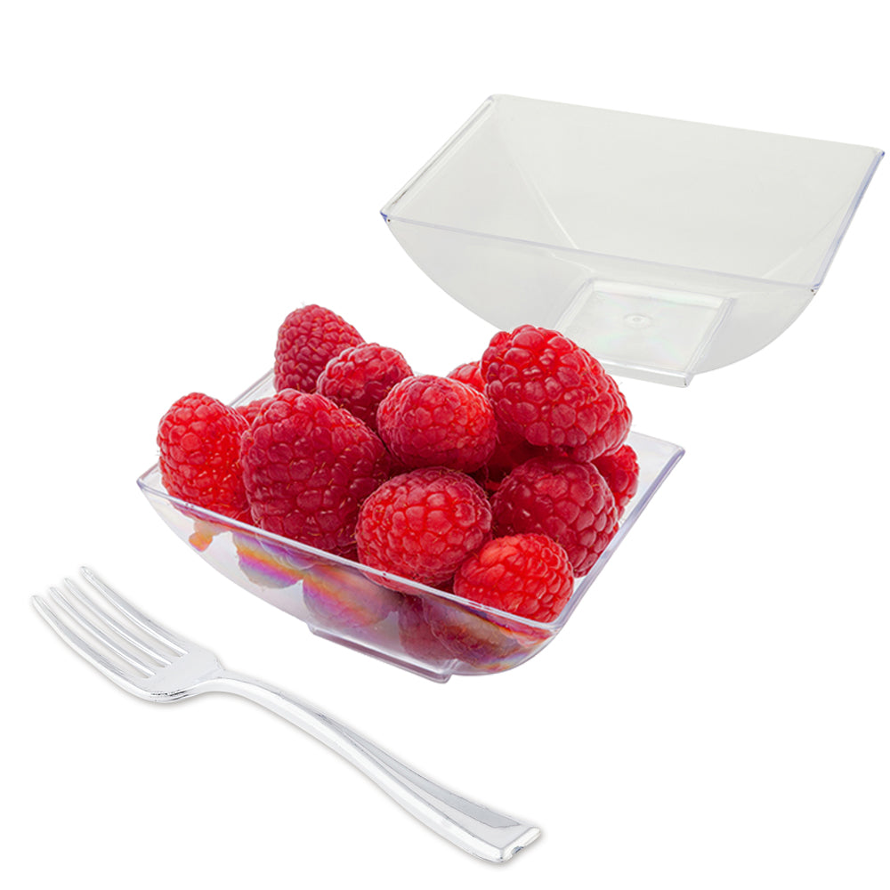100-Pack 3 oz Rectangle Clear Plastic Small Architetto Bowls with 100 Silver Mini Forks - Perfect for Party Appetizers, Wedding Favors, and Dessert Serving