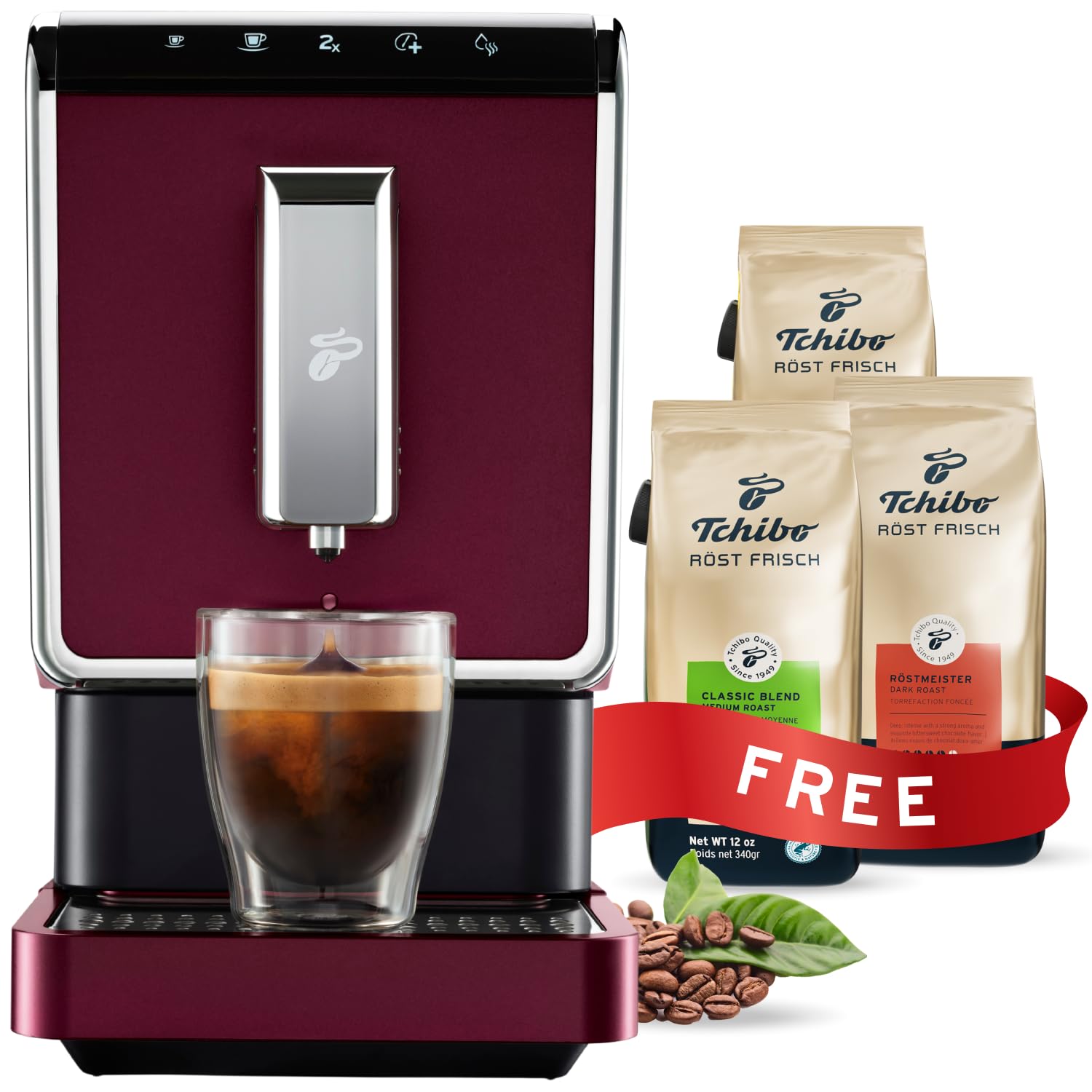 Tchibo Automatic Espresso Coffee Machine with Built-in Grinder - 3 x 12 oz Whole Bean Coffee Bundle, Red | Perfect for Home Kitchen, Office Break Room & Small Cafes