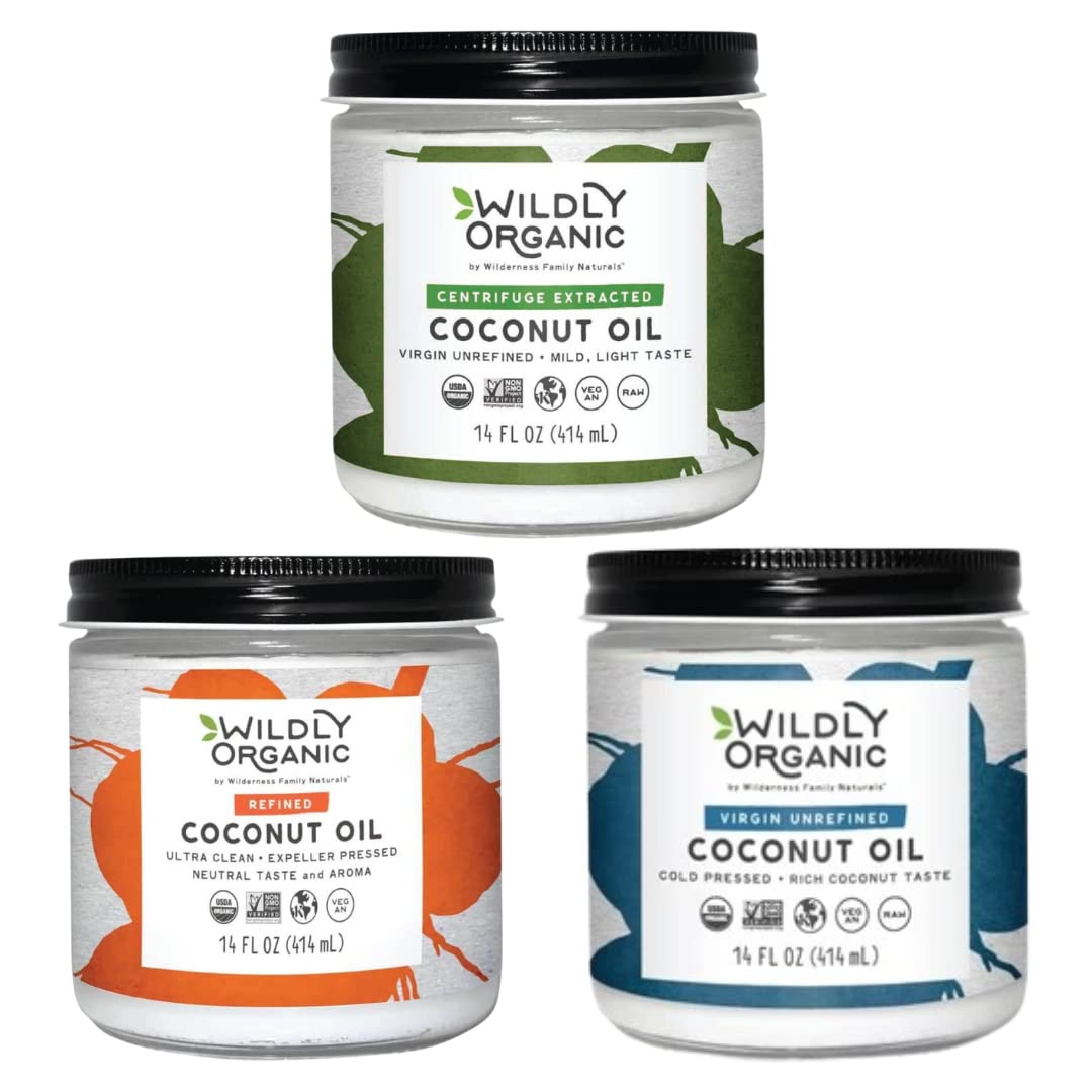 Organic Coconut Oil 3-Pack (14 Fl Oz Glass Jars) - Refined, Raw Unrefined Centrifuge Extracted & Cold Pressed - Non-GMO, Vegan, Pet Safe - Perfect for Cooking, Baking, Hair Care, Skin Care & Smoothies | Ideal for Healthy Recipes, DIY Beauty & Natural Pet Care
