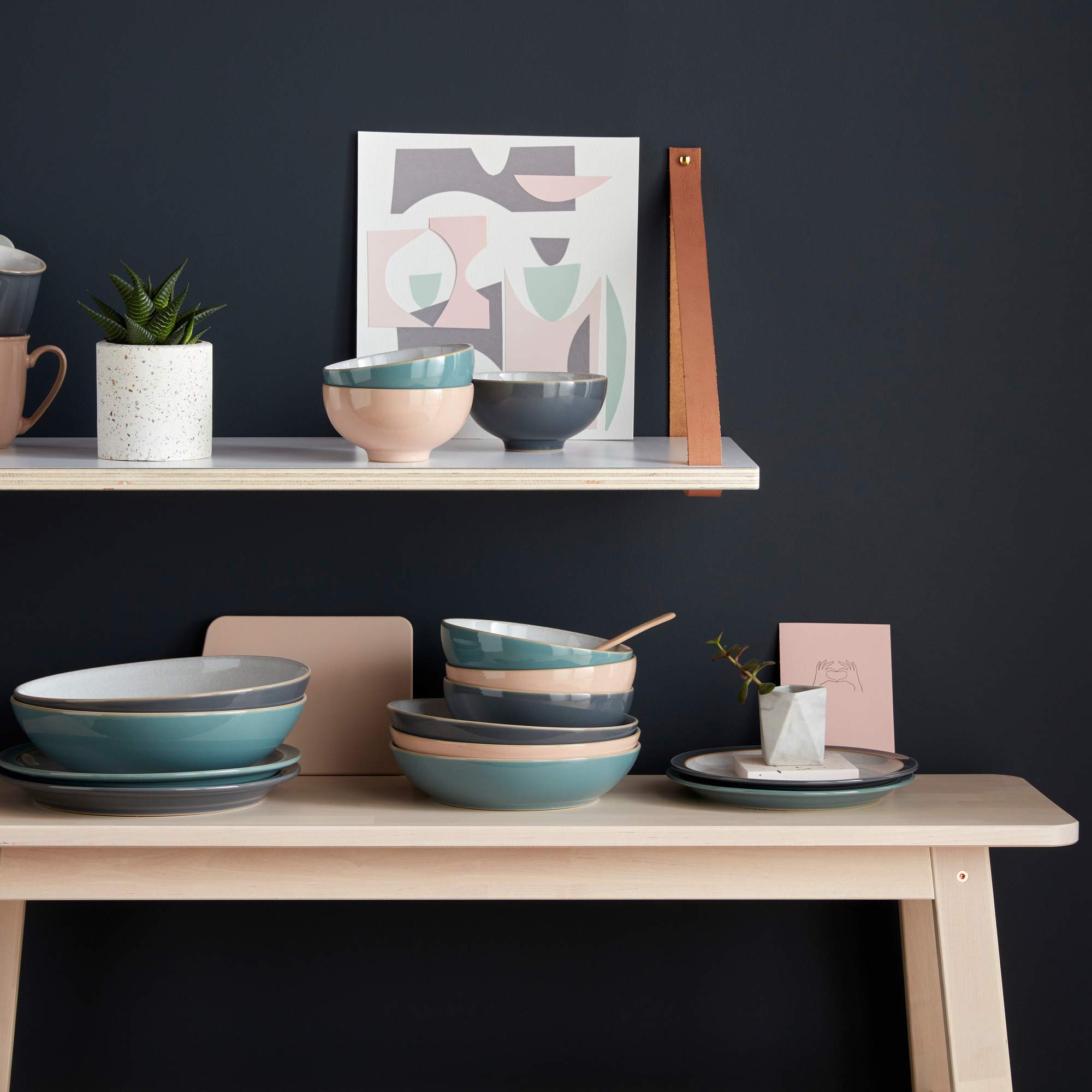 Denby Elements Shell Peach Pasta Bowls Set of 4 - 22cm (8.7in) 1050ml Microwave & Dishwasher Safe Stoneware - Crack & Chip Resistant White Ceramic Dinnerware - Perfect for Pasta, Salad, Soup & Dessert Serving