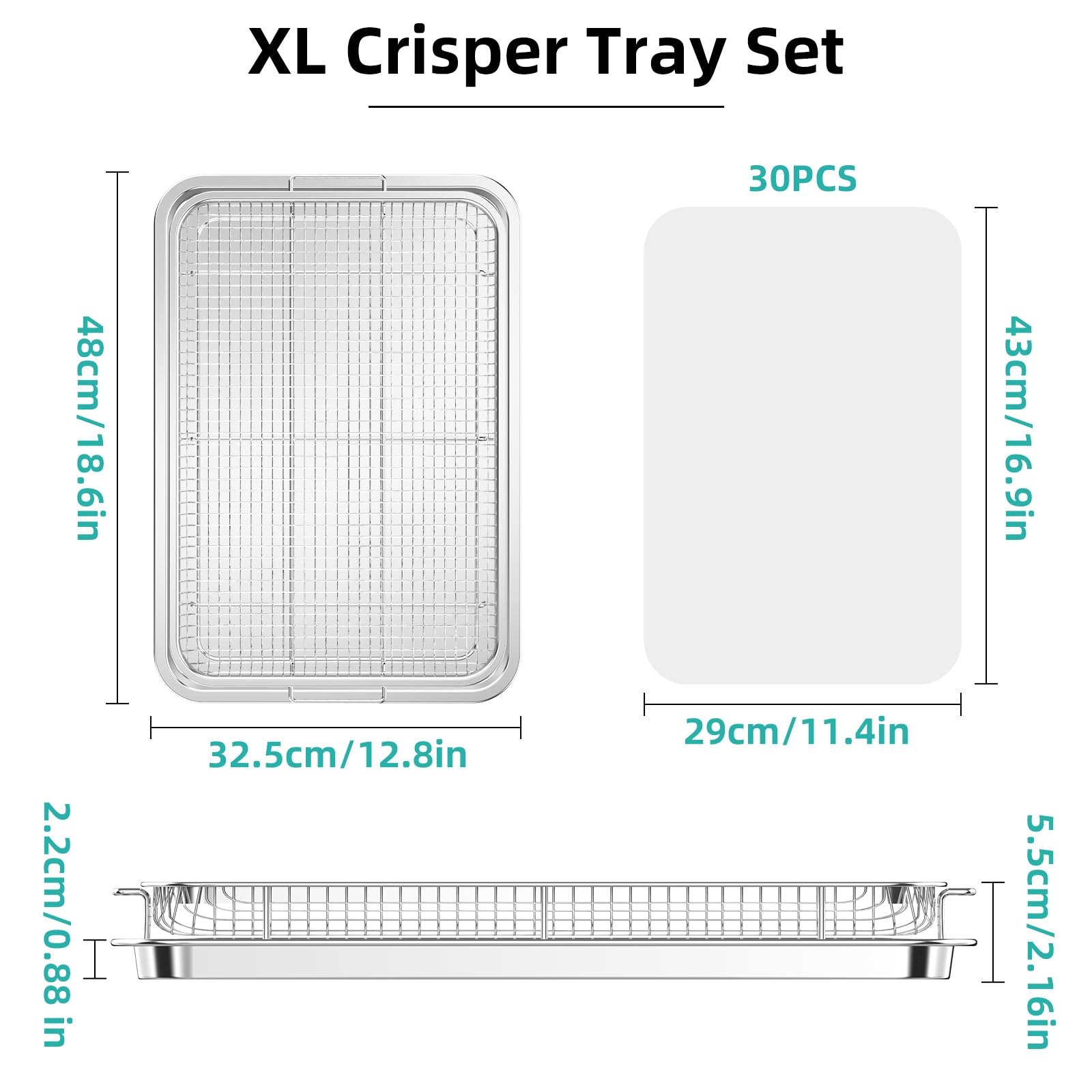 YEPATER 18.6 x 12.8 Inch Extra Large Stainless Steel Air Fryer Basket & Crisper Tray with 30 PCS Parchment Paper - Perfect for Baking Fries, Chicken Wings, Bacon in Oven - Ideal for Family Cooking, Meal Prep & Healthy Snacks