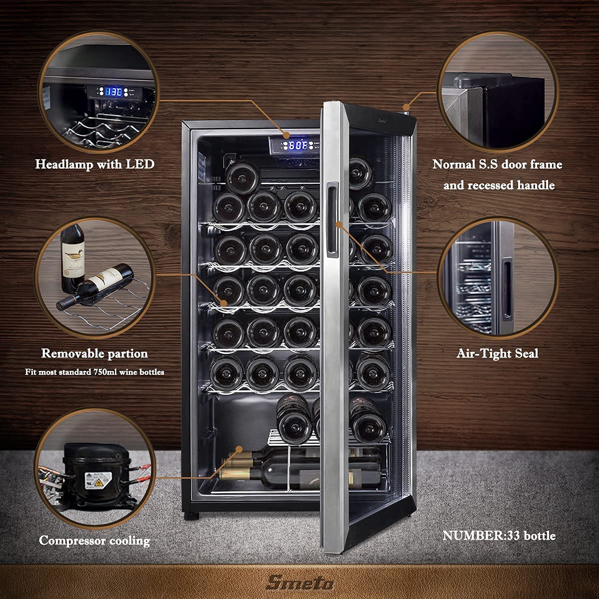 SMETA 33 Bottle Under Counter Wine Cooler - Stainless Steel Black Wine Fridge with Glass Door, Digital Touch Screen & LED Lights for Beer, Wine & Drinks (95L) - Perfect for Home Bars, Restaurants, and Wine Cellars