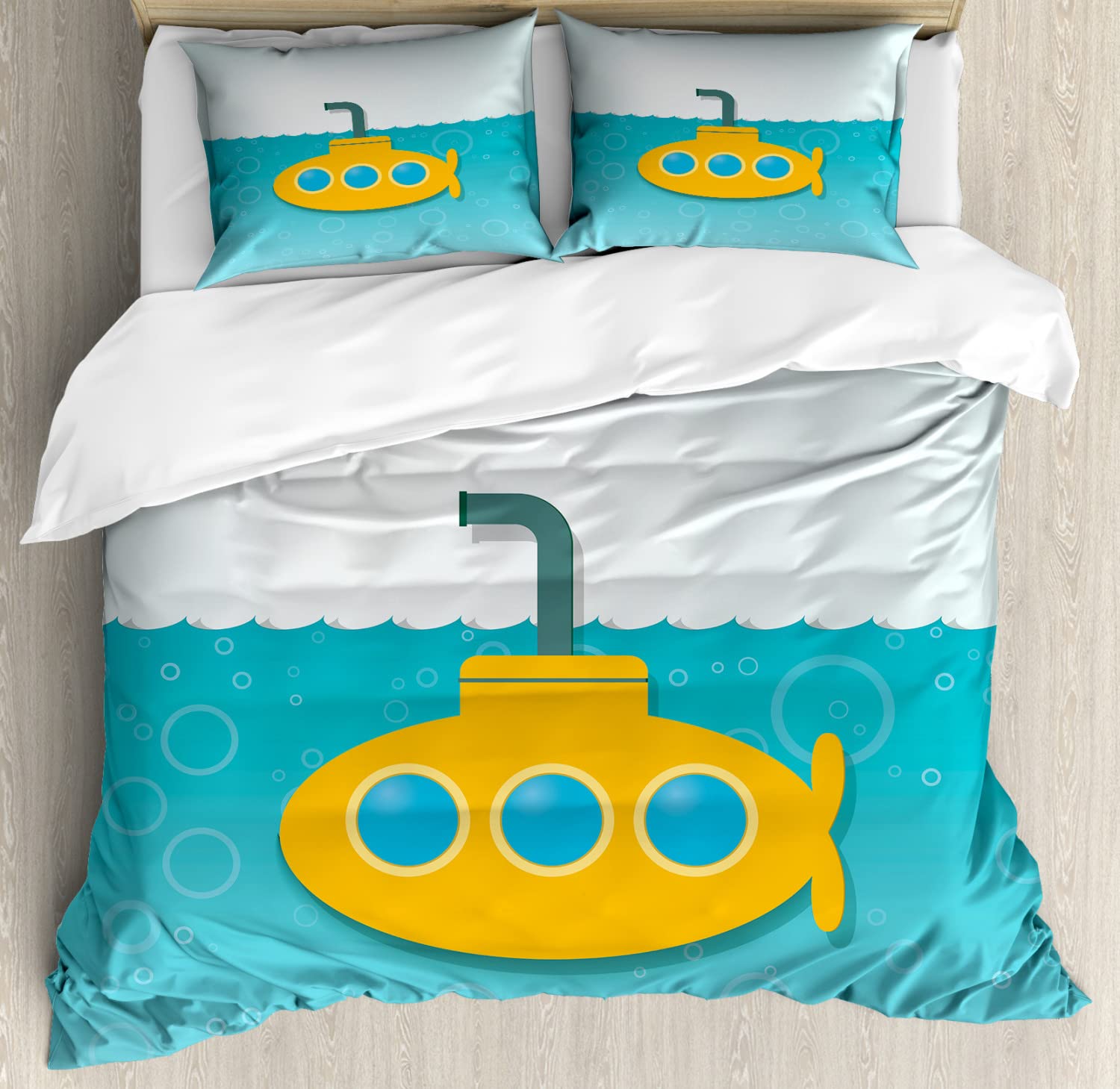 Ambesonne Yellow Submarine Duvet Cover Set - Twin Size 2-Piece Bedding with Underwater Submarine & Bubble Design in Earth Yellow & Pale Blue - Perfect for Kids' Rooms, Nautical Themed Bedrooms & Beatles Fans