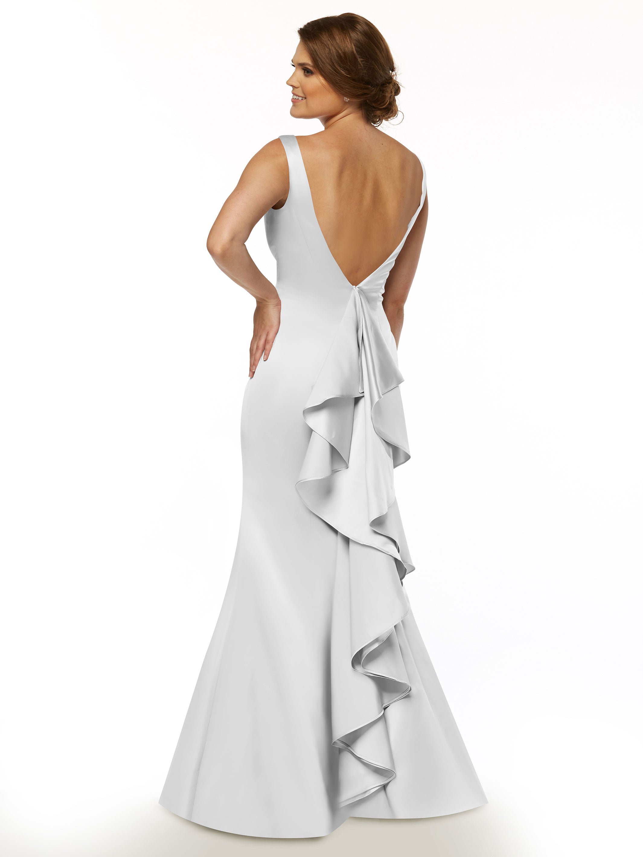 Elegant 80078 Fit and Flare Satin Bridesmaid Dress with V-Neckline & Ruffled Back - Perfect for Weddings, Proms, and Formal Events