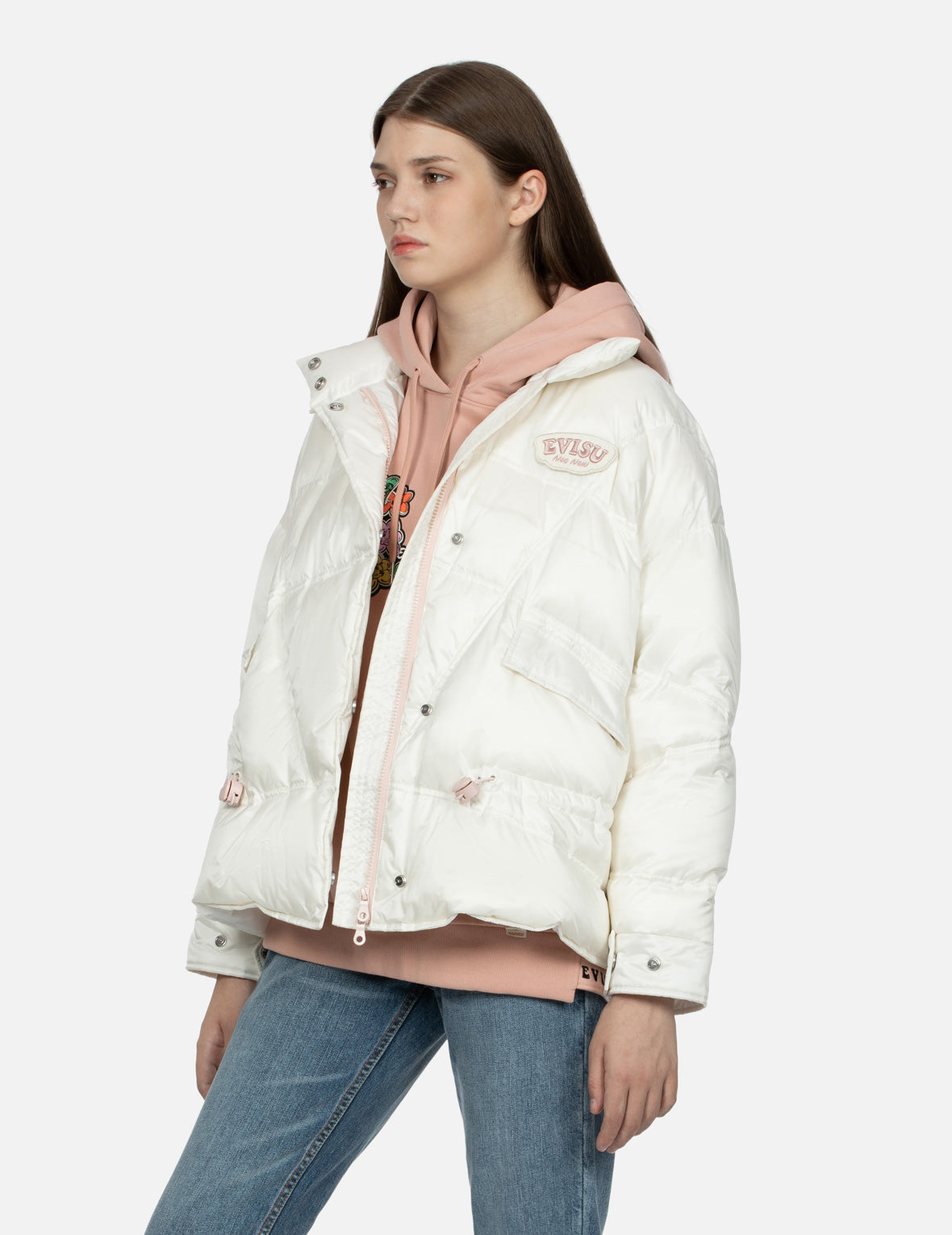 Logo & Daruma Heart Embroidered Badges Fashion Down Jacket for Women - Warm Winter Coat for Casual Outfits & Streetwear
