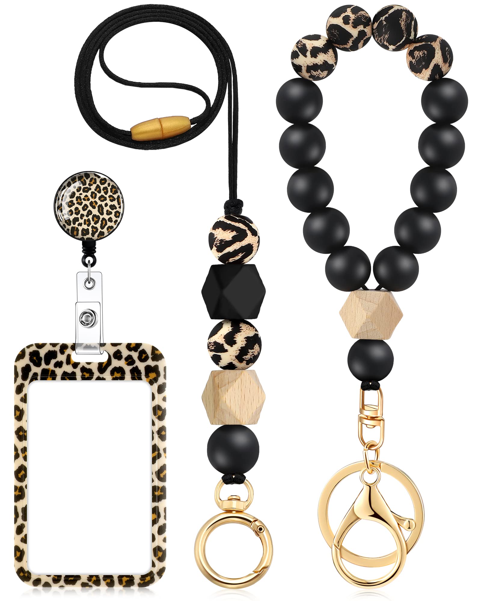 Woanger 4 Pack Leopard Print Beaded Breakaway Lanyards for ID Badges & Keys - Teacher Lanyard for Women, Office & School Supplies - Perfect for Teachers, Nurses, Conference Attendees and Workplace Security