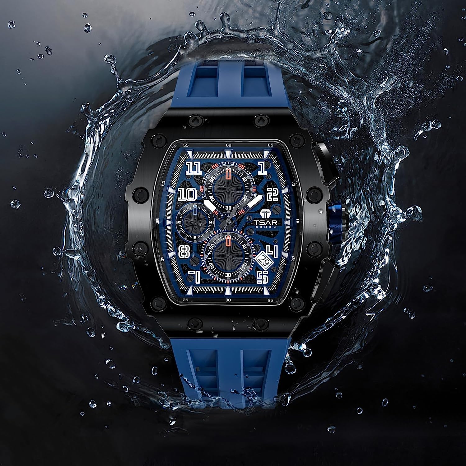 TSAR BOMBA Men's Luxury Chronograph Watch - 50M Waterproof, Luminous, Date Display, Japanese Quartz Movement, Sapphire Crystal, Silicone Strap - Fashion Sport Watch for Men - Perfect for Business, Casual Wear & Outdoor Activities