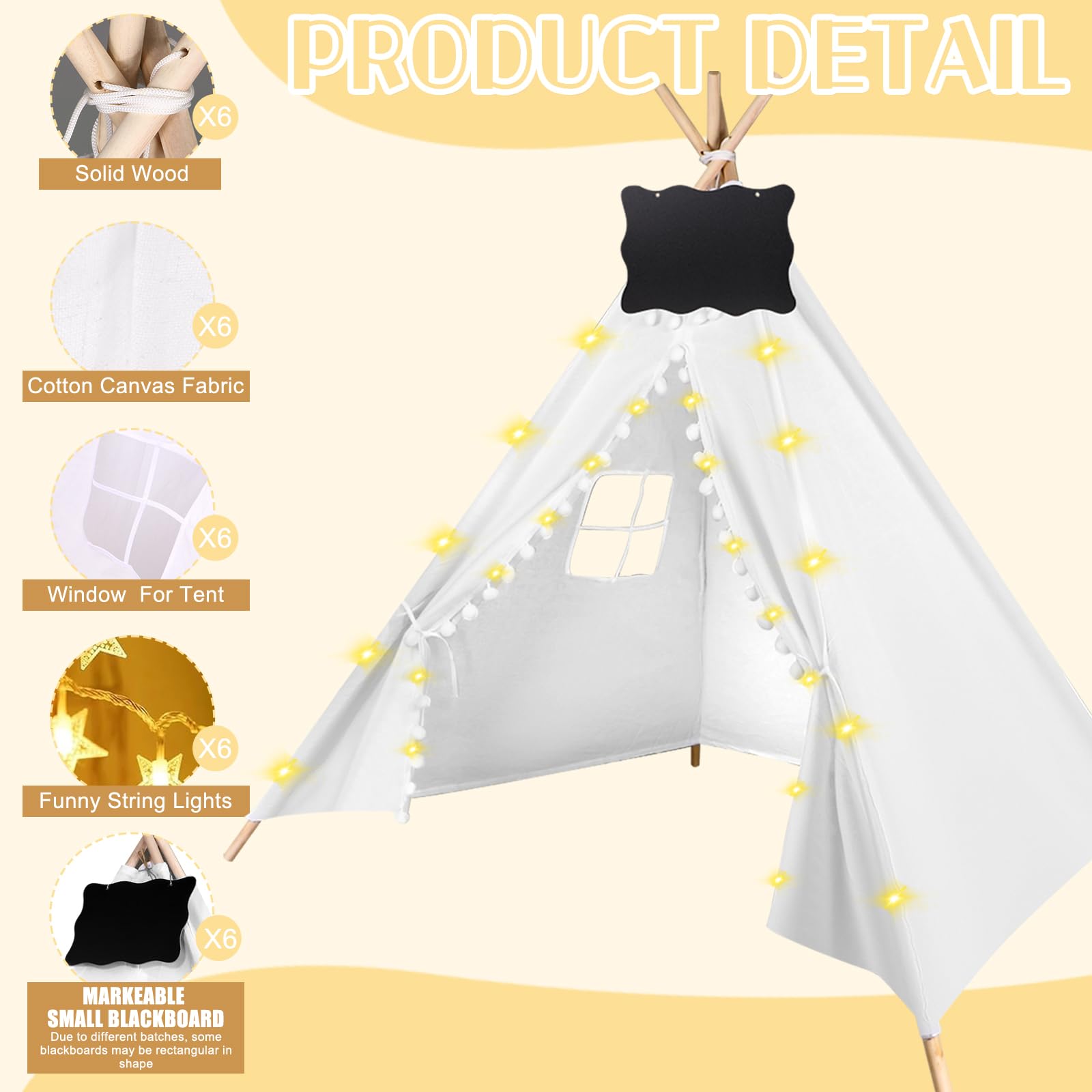 6 Pack Kids Teepee Tent with 10FT String Lights - Indoor/Outdoor Play Tent for Girls & Boys, Foldable Boho Tent for Birthday Parties, Sleepovers & Backyard Camping (White) - Perfect for Playrooms, Bedrooms & Outdoor Adventures