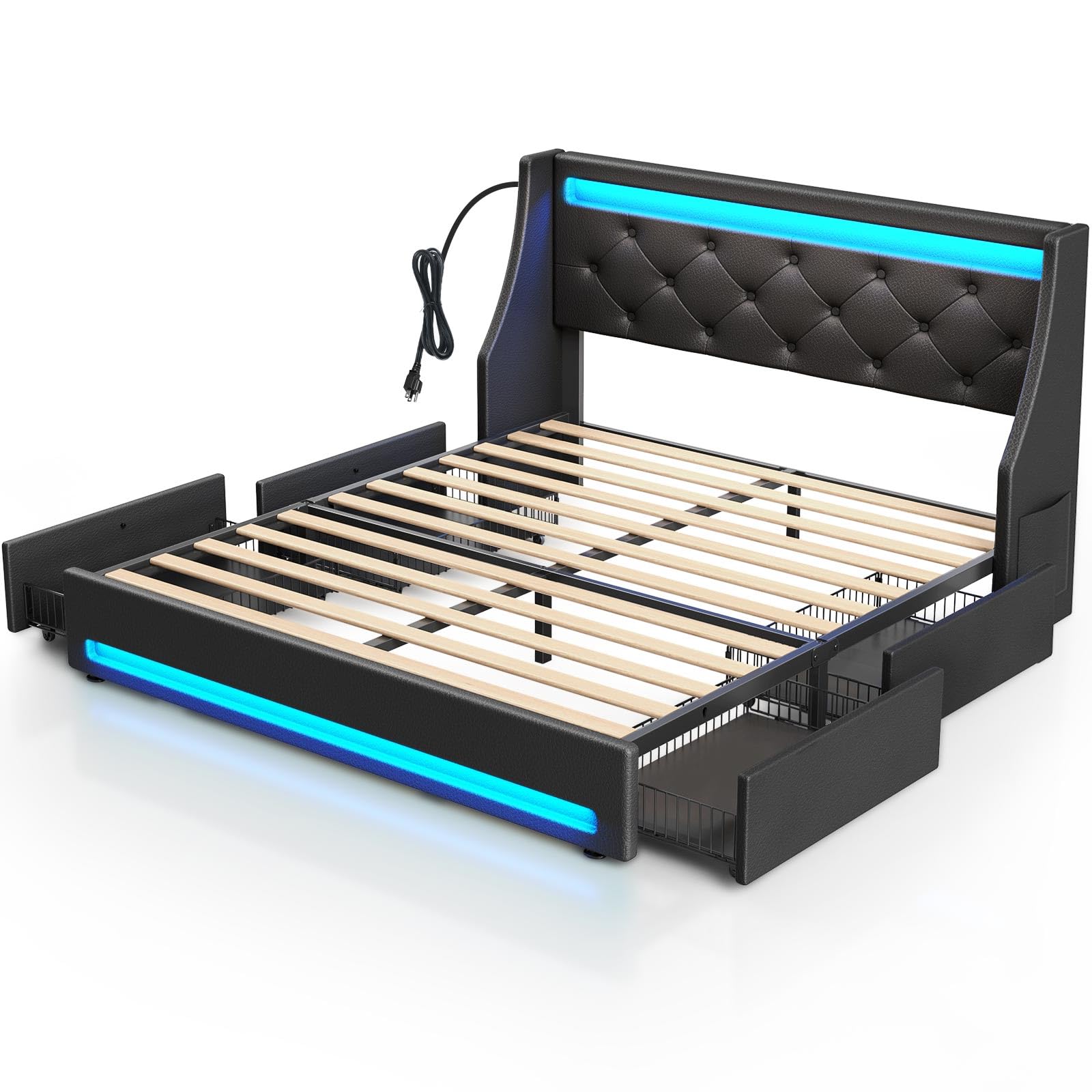 Rolanstar Queen Size Bed Frame with 4 Storage Drawers, USB Charging Station & LED Lights - Upholstered PU Leather Platform Bed with Heavy Duty Wooden Slats, No Box Spring Needed, Quiet & Easy Assembly | Perfect for Small Bedrooms, Guest Rooms & Modern Apartments
