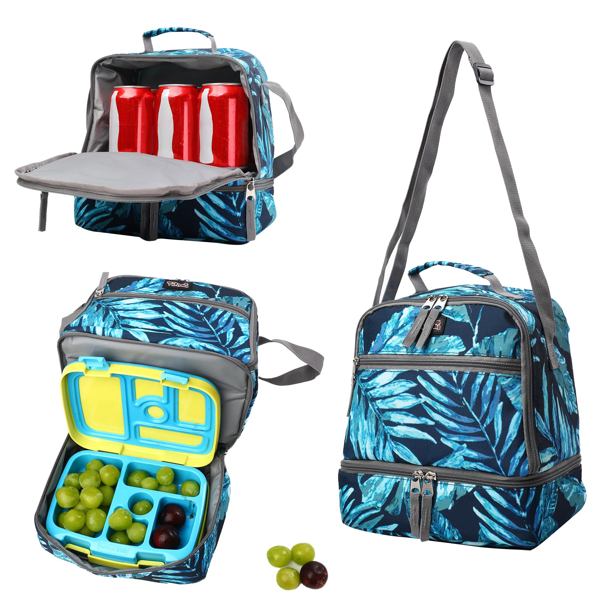 Tilami Insulated Lunch Bag with Adjustable Strap & Zipper Closure - 2 Compartment Leakproof Cooler Bag for Kids & Toddlers (Rainforest Green) - Perfect for School, Picnics & Outdoor Activities