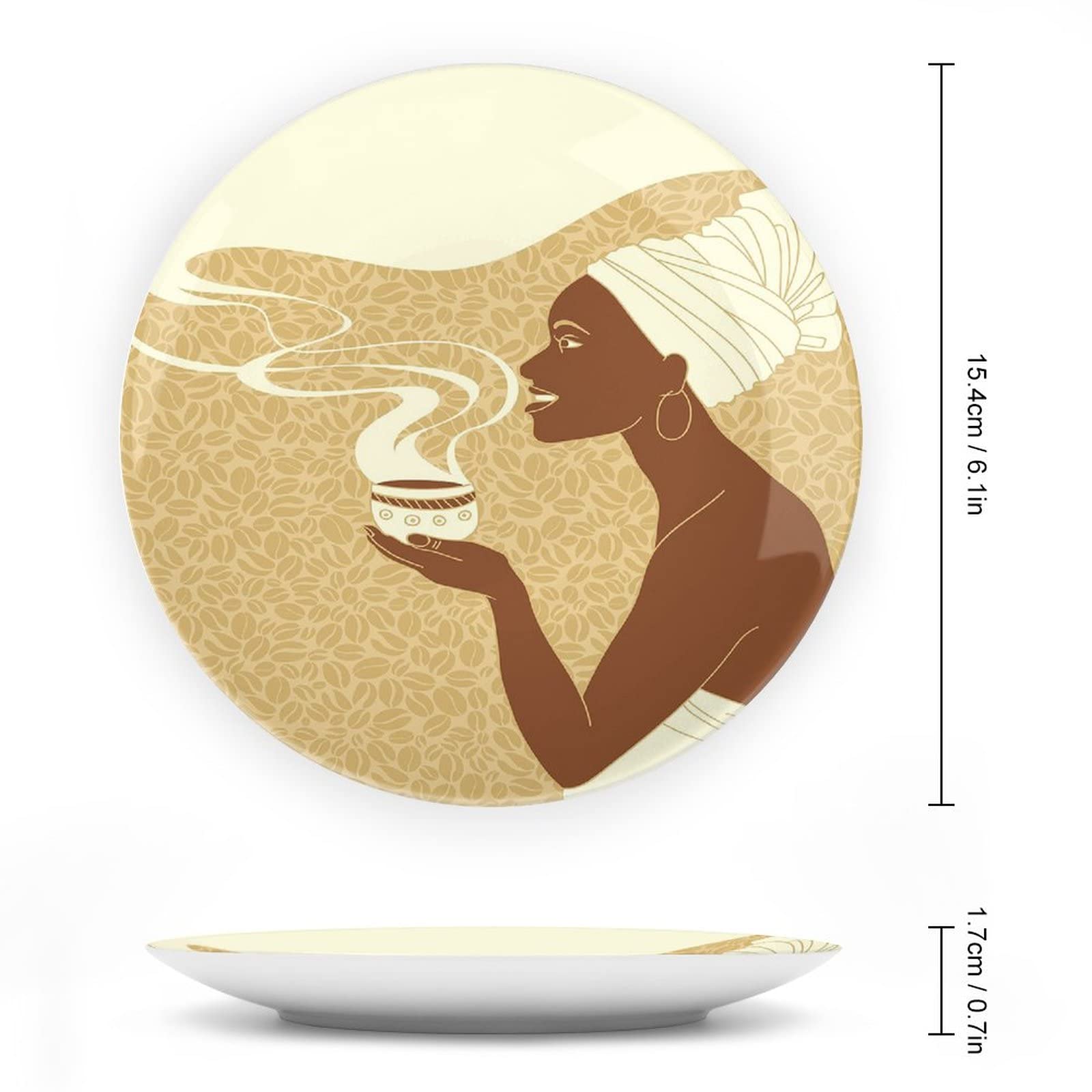 8 Inch African Woman Decorative Ceramic Plates - Happy Afro Lady with Coffee Cup, Brown/Light Brown/Cream - Perfect for Dining, Parties, Weddings & Home Decor