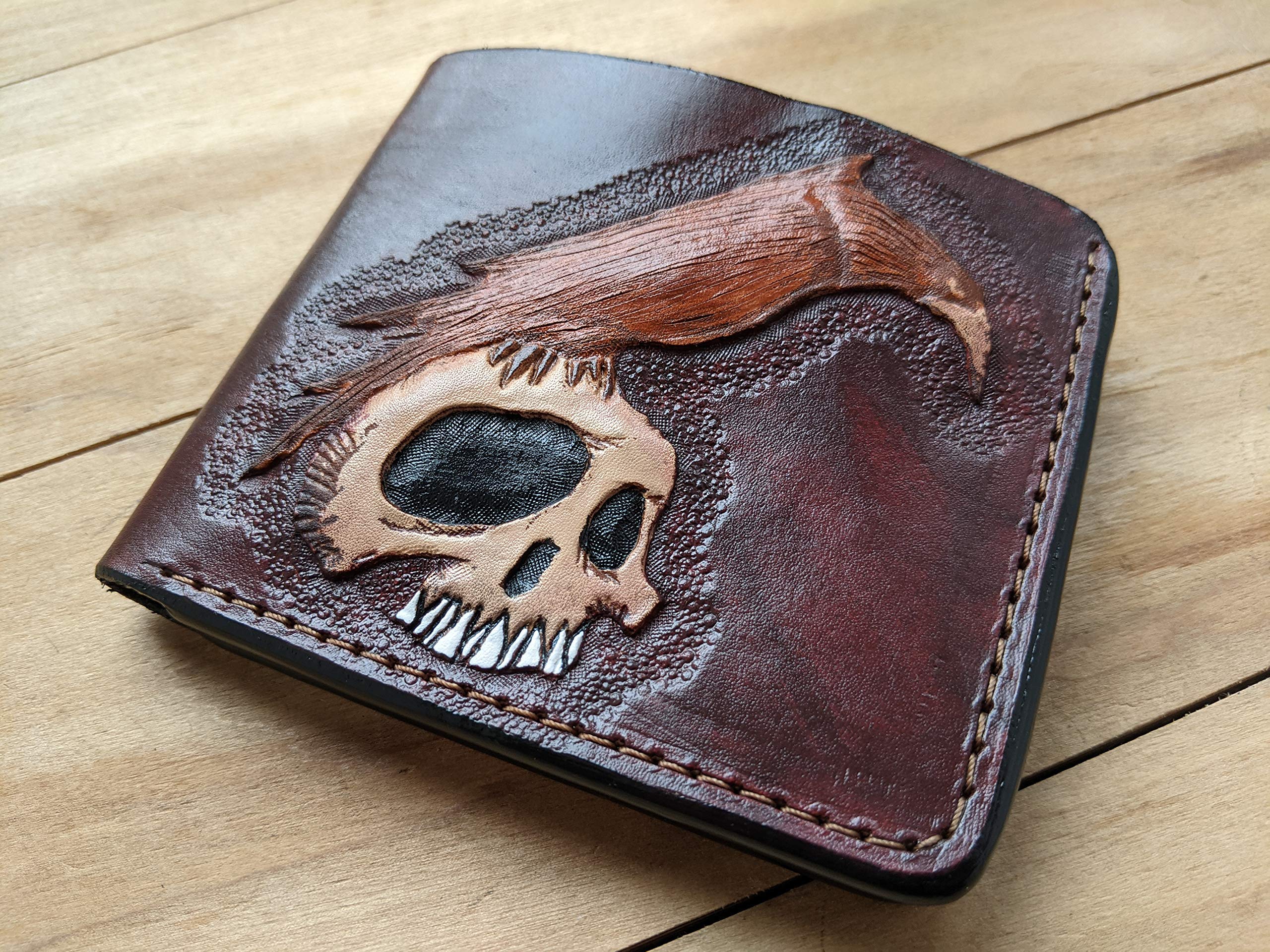 Handmade 3D Carved Genuine Leather Biker Wallet for Men - Custom Personalized Crow Design Long Wallet - Perfect for Motorcycle Riders, Gift Giving & Everyday Use