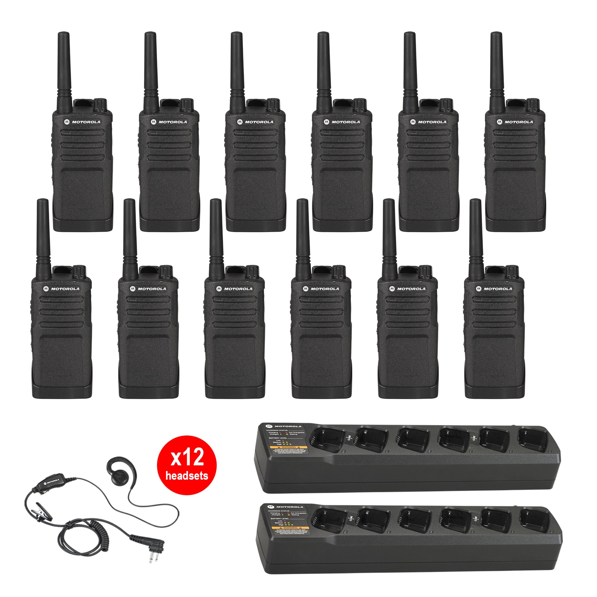 Motorola RMM2050 12-Pack Two-Way Radios with Multi-Unit Charger & Headsets - Ideal for Construction, Security & Event Communication