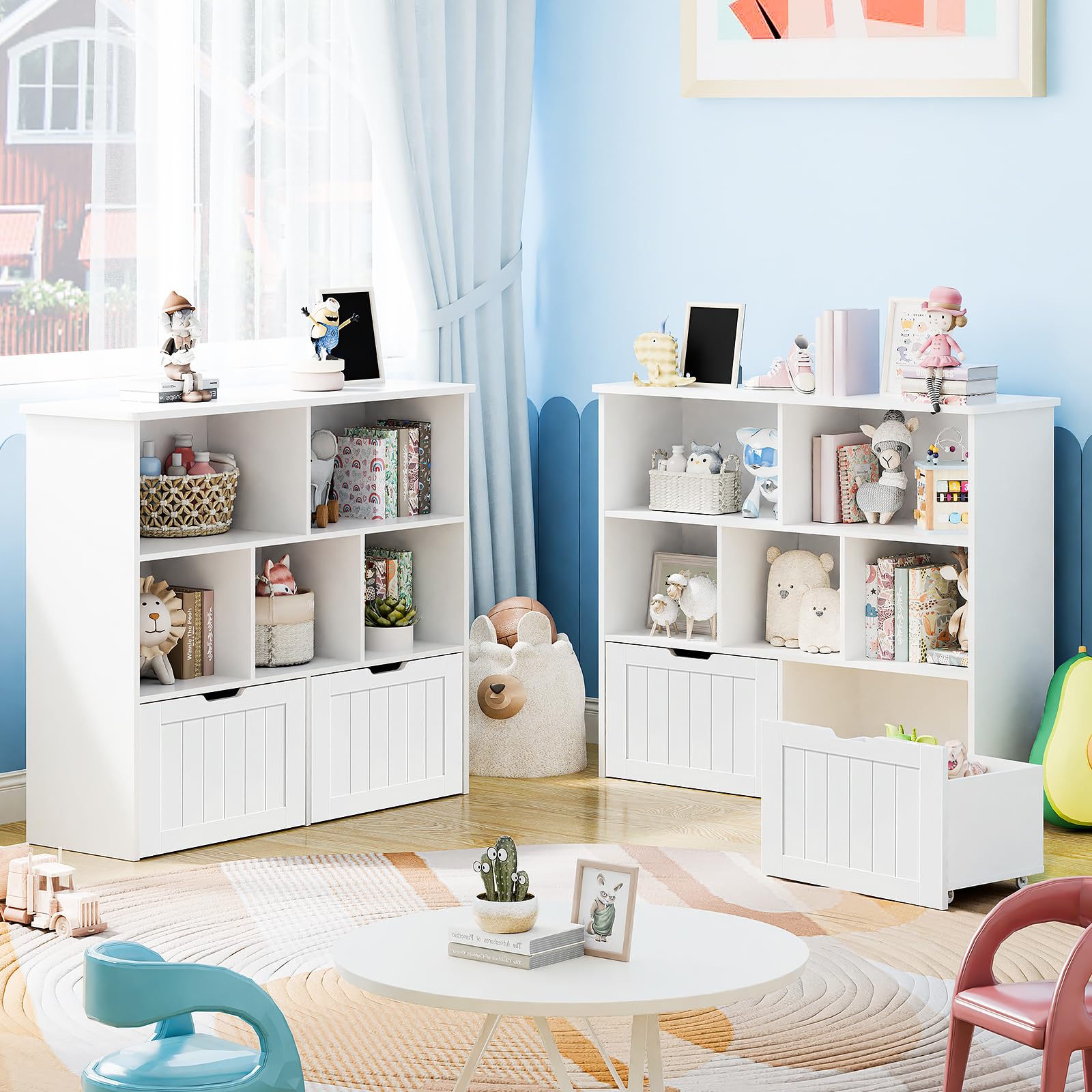 Multifunctional White Toy Storage Organizer with 2 Movable Drawers & 5 Storage Cubbies - Kids Bookshelf, Toy Chest with Hidden Wheels for Playroom Organization | Perfect for Nursery, Daycare & Home Play Areas